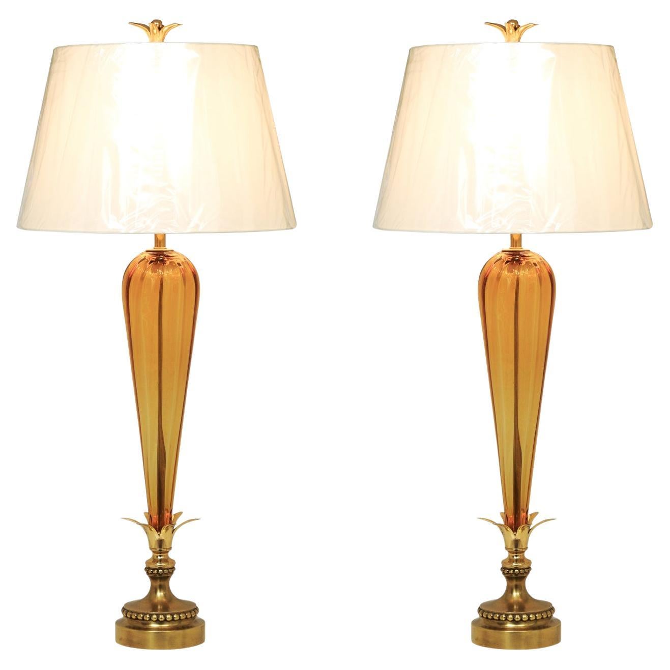 Exquisite Restored Pair of Vintage Amber Murano Tornado Lamps, Italy, c 1960 For Sale