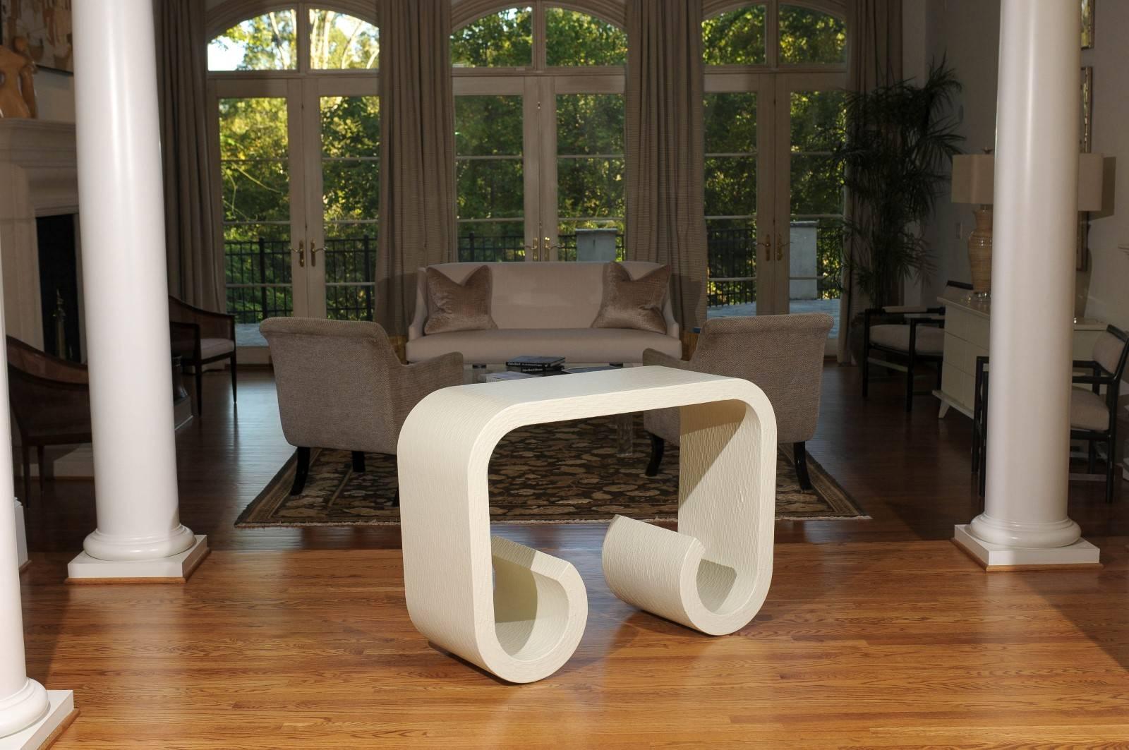 Mid-Century Modern Exquisite Restored Raffia Waterfall Scroll Console by Baker, circa 1975
