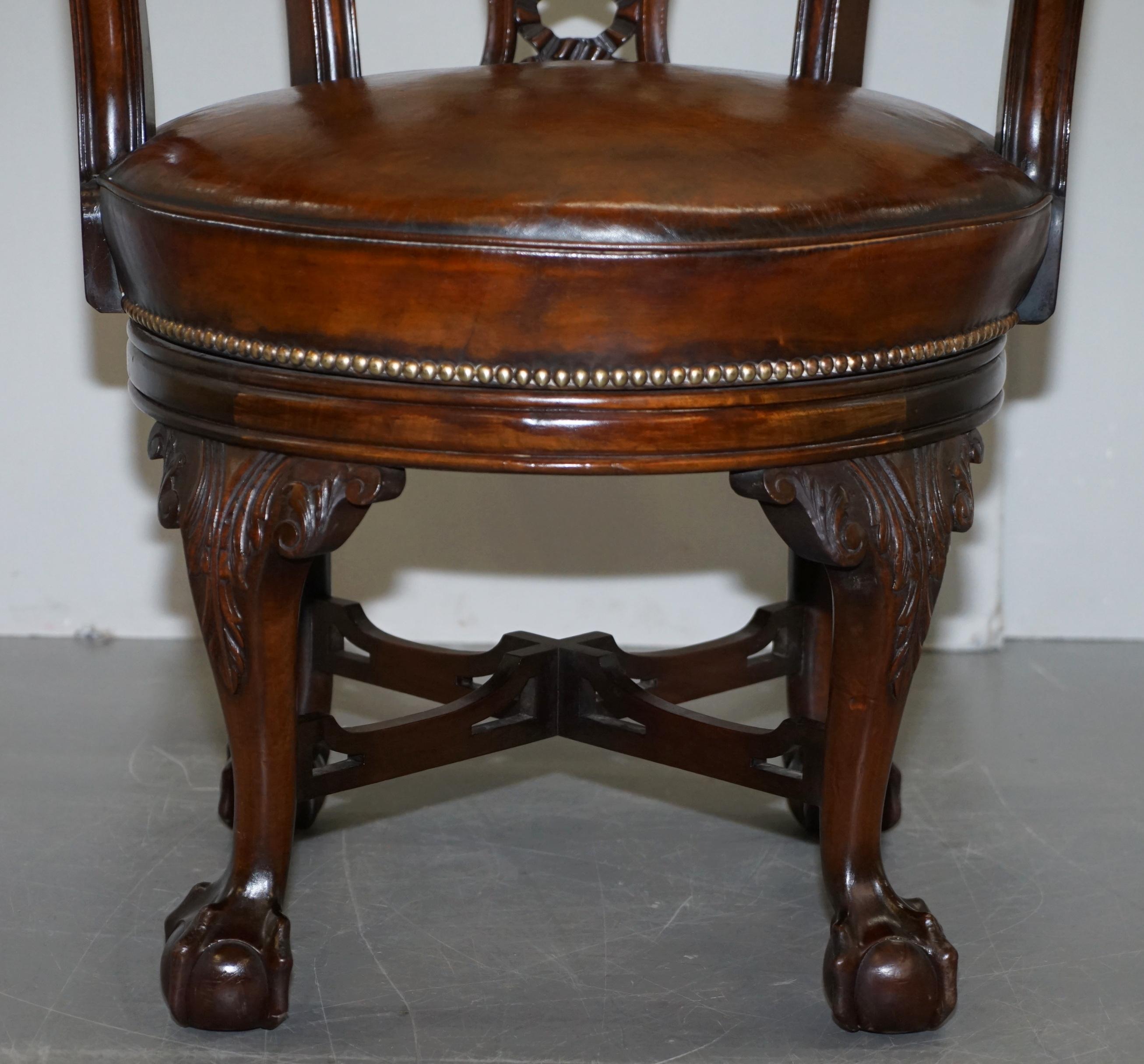 Exquisite Restored Thomas Chippendale Claw & Ball Brown Leather Swivel Armchair 7