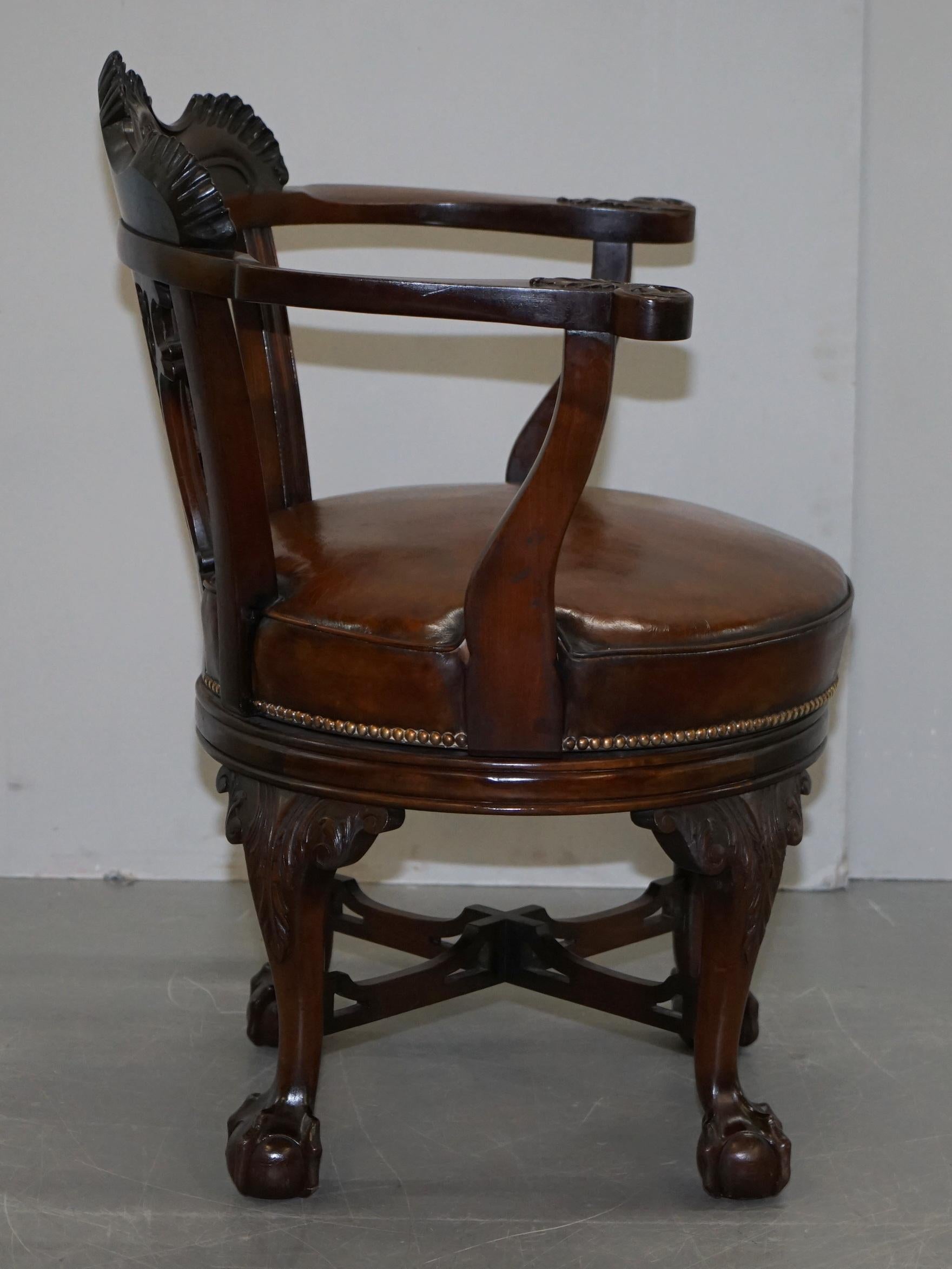 Exquisite Restored Thomas Chippendale Claw & Ball Brown Leather Swivel Armchair 11