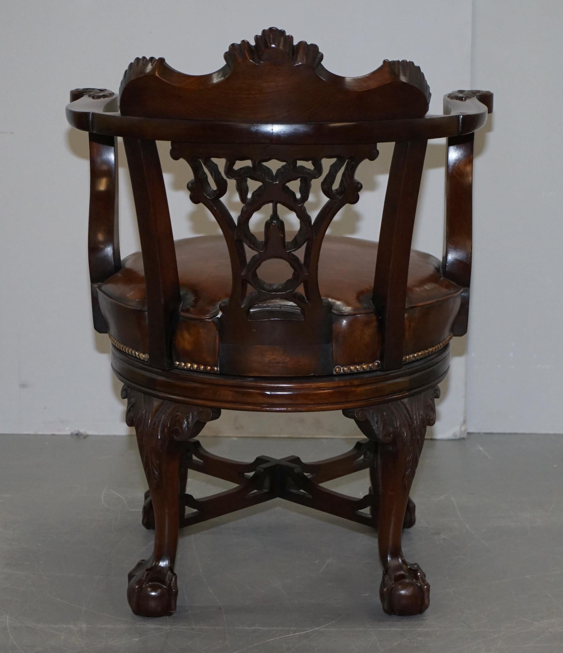 Exquisite Restored Thomas Chippendale Claw & Ball Brown Leather Swivel Armchair 12