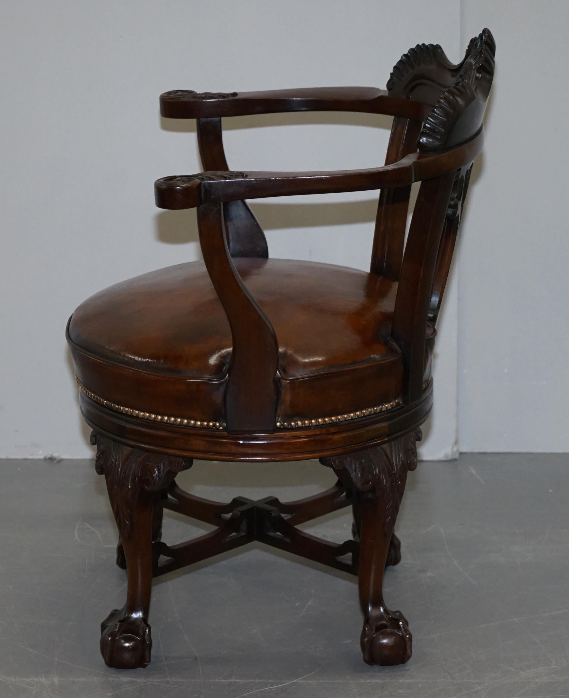 Exquisite Restored Thomas Chippendale Claw & Ball Brown Leather Swivel Armchair 13