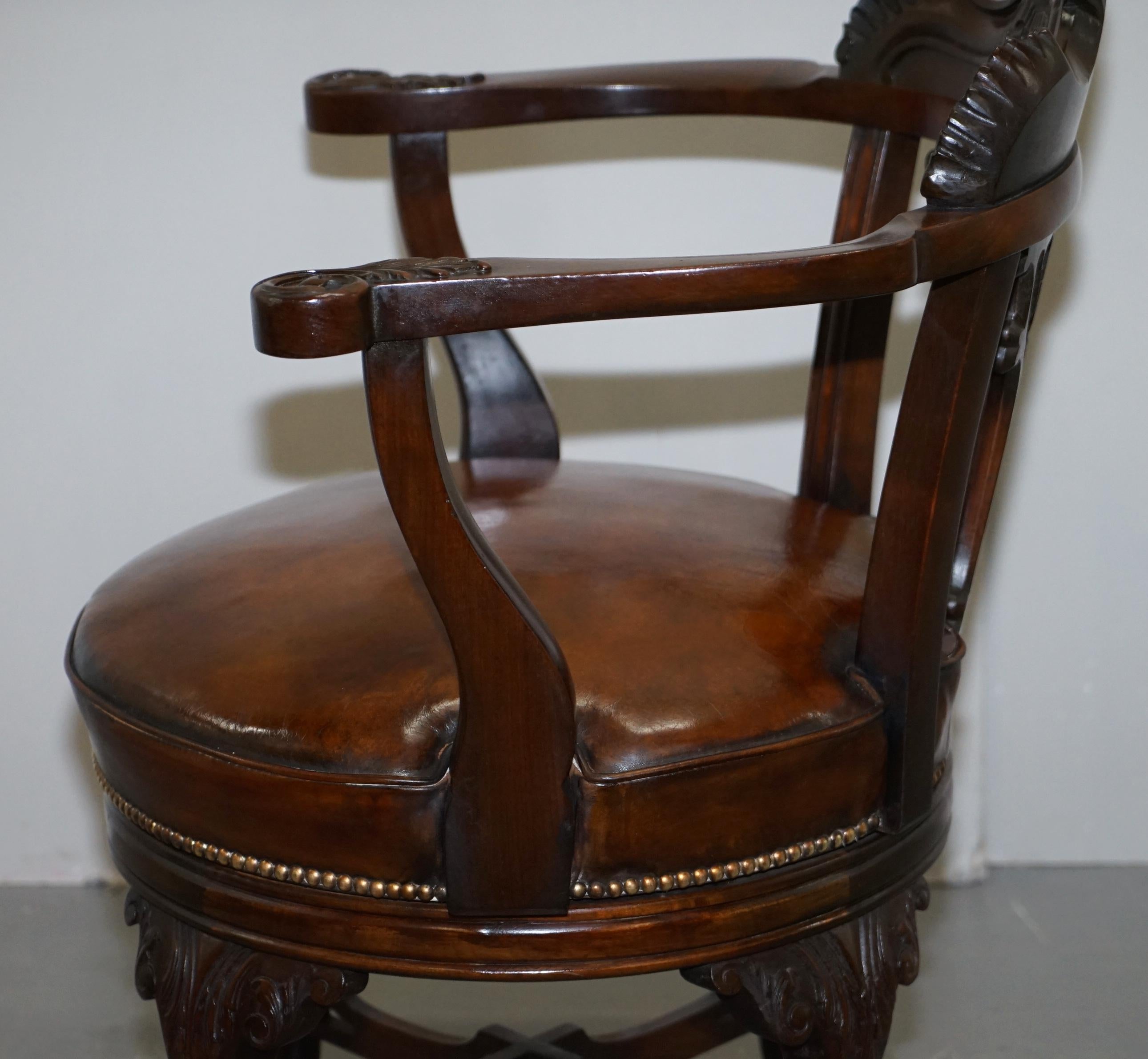 Exquisite Restored Thomas Chippendale Claw & Ball Brown Leather Swivel Armchair 14