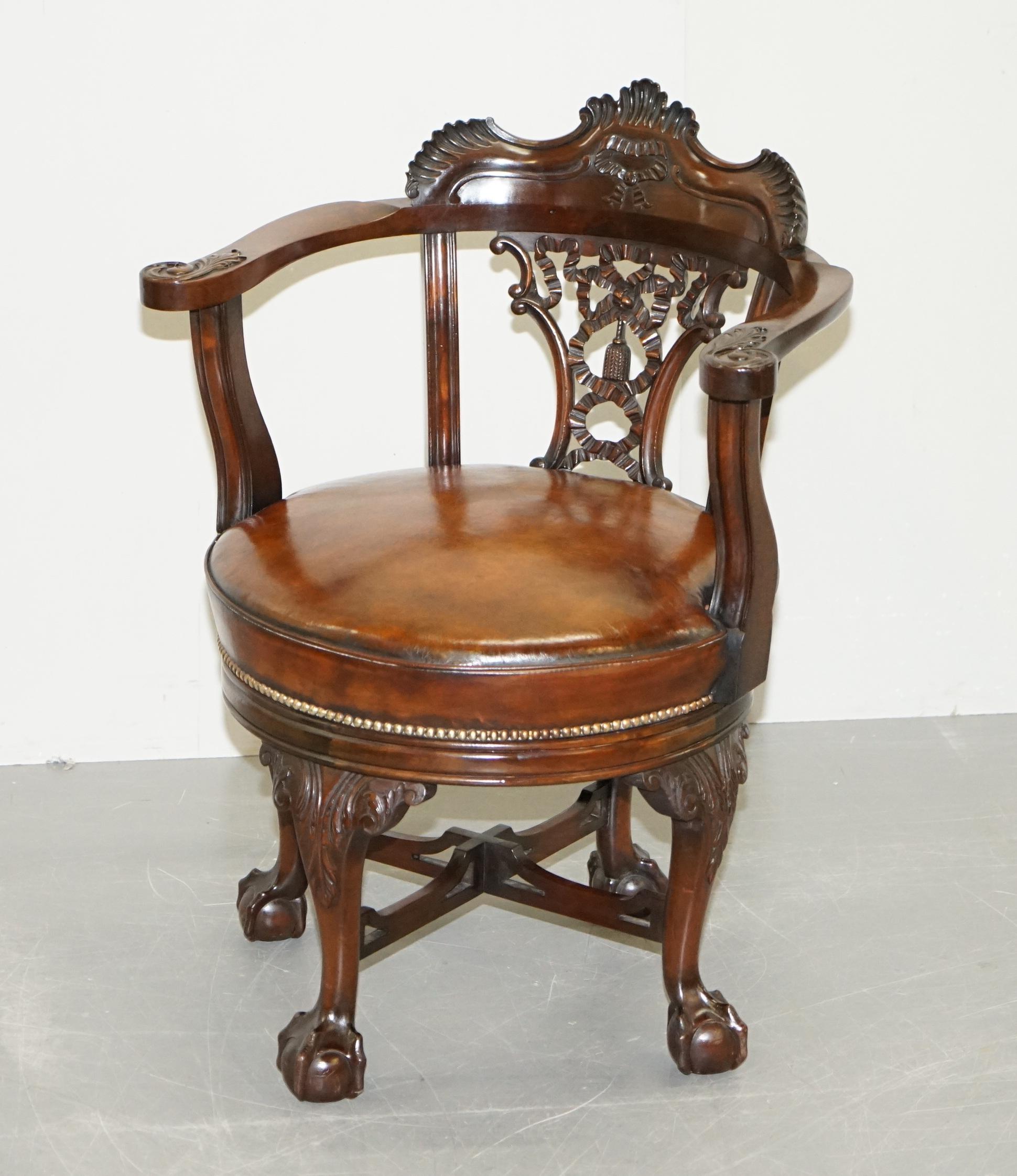 High Victorian Exquisite Restored Thomas Chippendale Claw & Ball Brown Leather Swivel Armchair