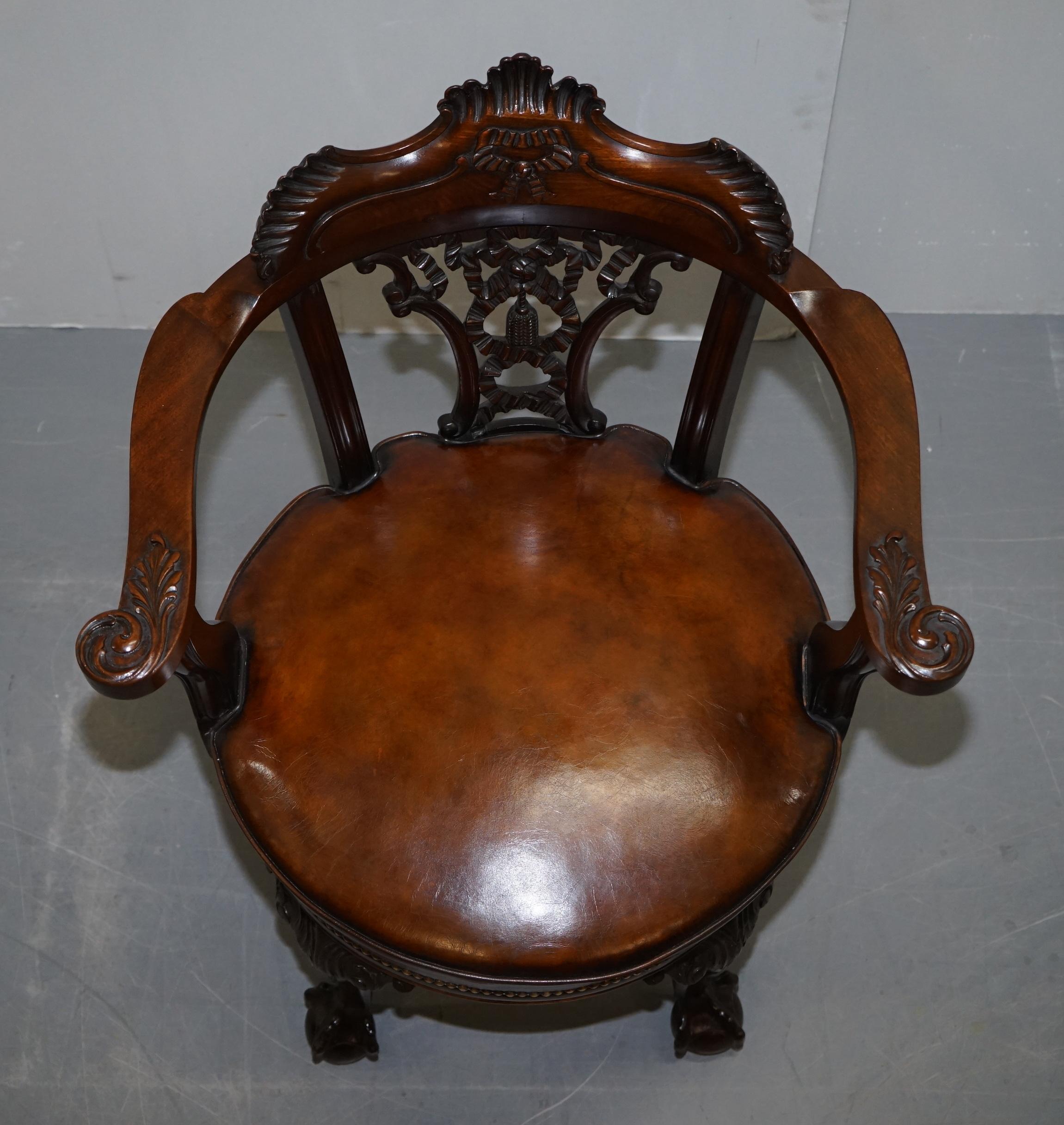English Exquisite Restored Thomas Chippendale Claw & Ball Brown Leather Swivel Armchair