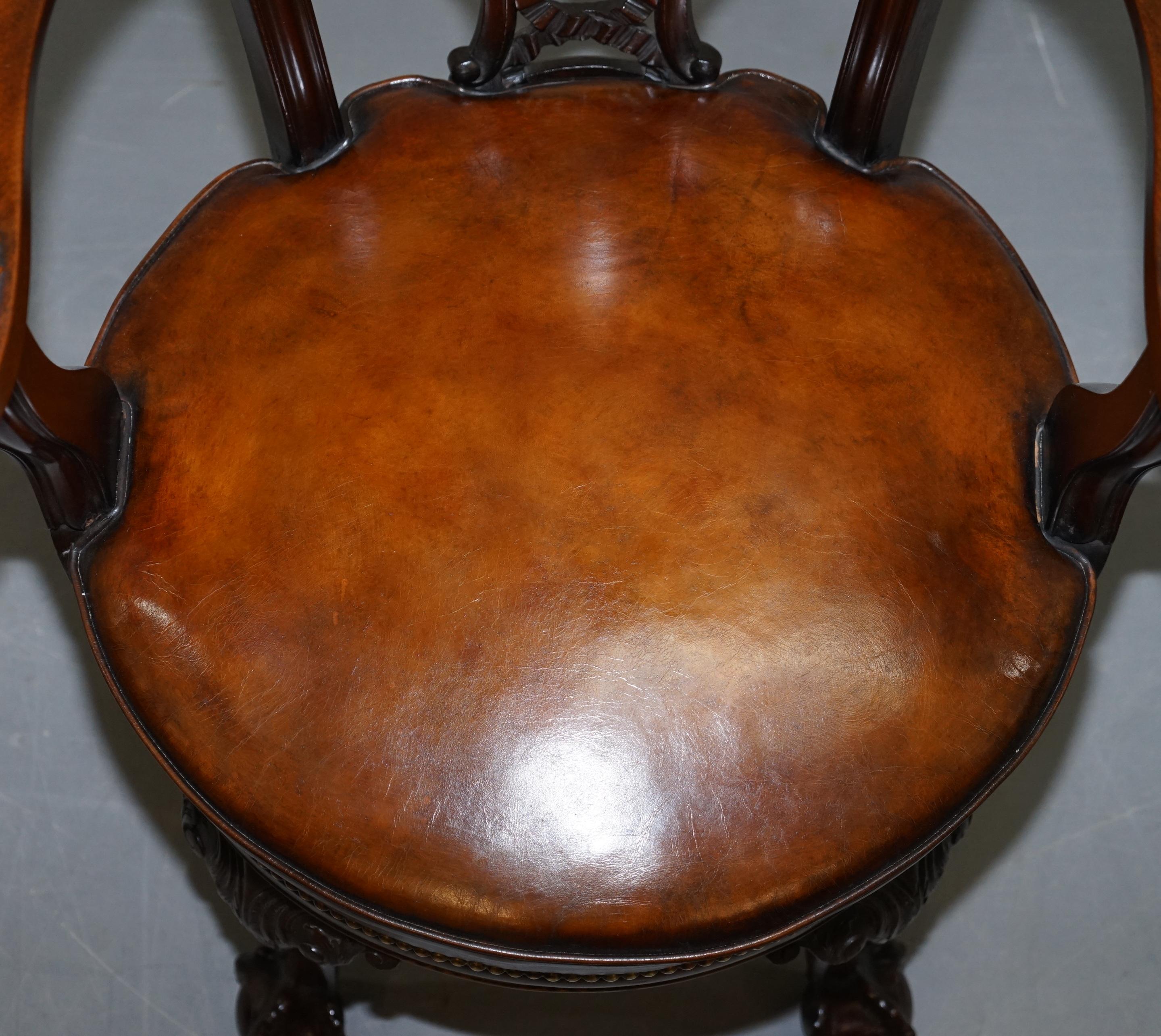 Hand-Crafted Exquisite Restored Thomas Chippendale Claw & Ball Brown Leather Swivel Armchair