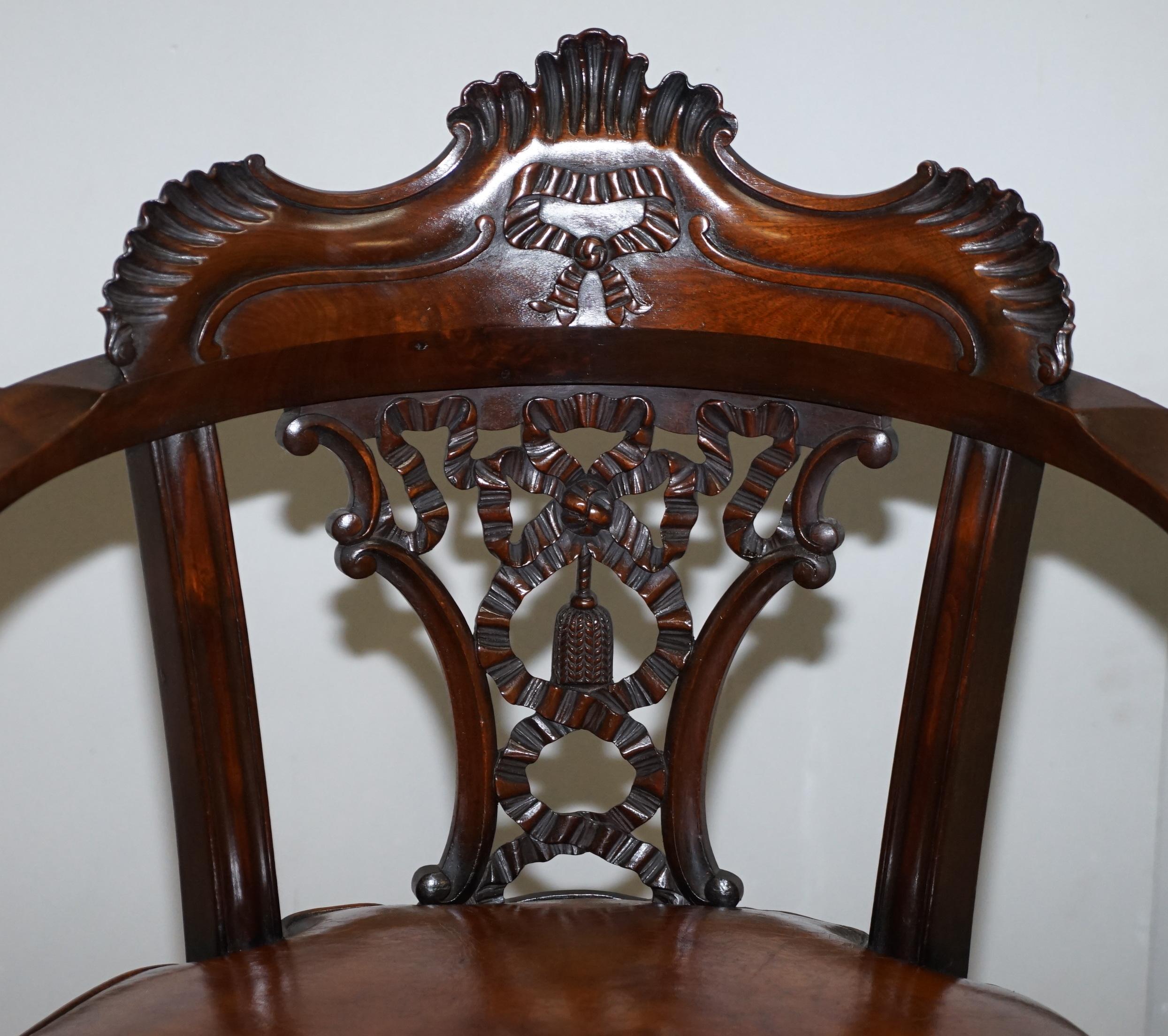 Mid-19th Century Exquisite Restored Thomas Chippendale Claw & Ball Brown Leather Swivel Armchair