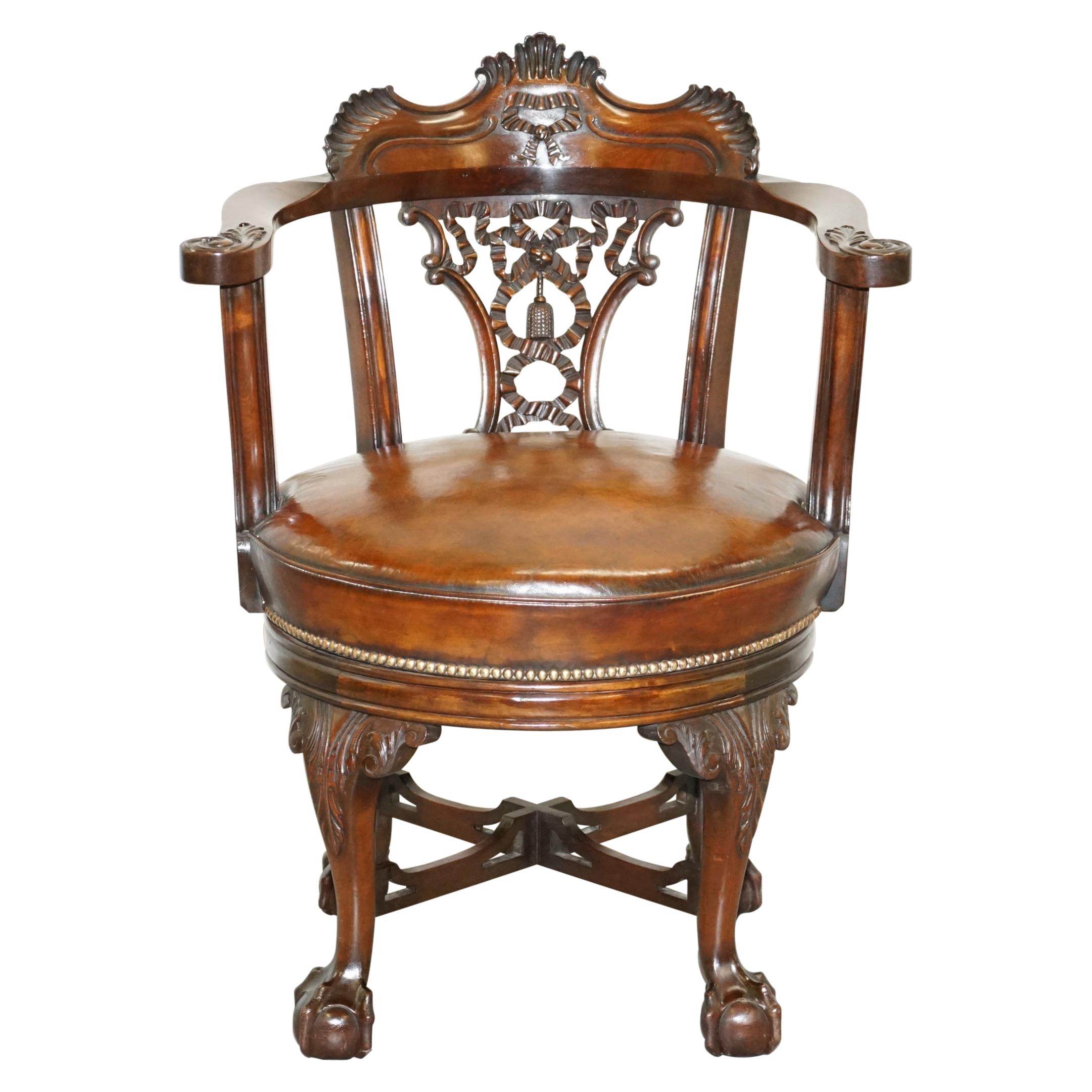 Exquisite Restored Thomas Chippendale Claw & Ball Brown Leather Swivel Armchair