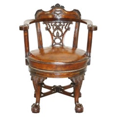 Antique Exquisite Restored Thomas Chippendale Claw & Ball Brown Leather Swivel Armchair