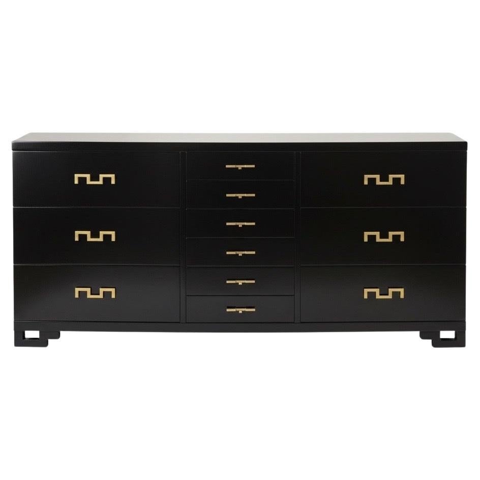 Exquisite Restored Vintage Greek Key Mahogany and Brass Commode by John Stuart