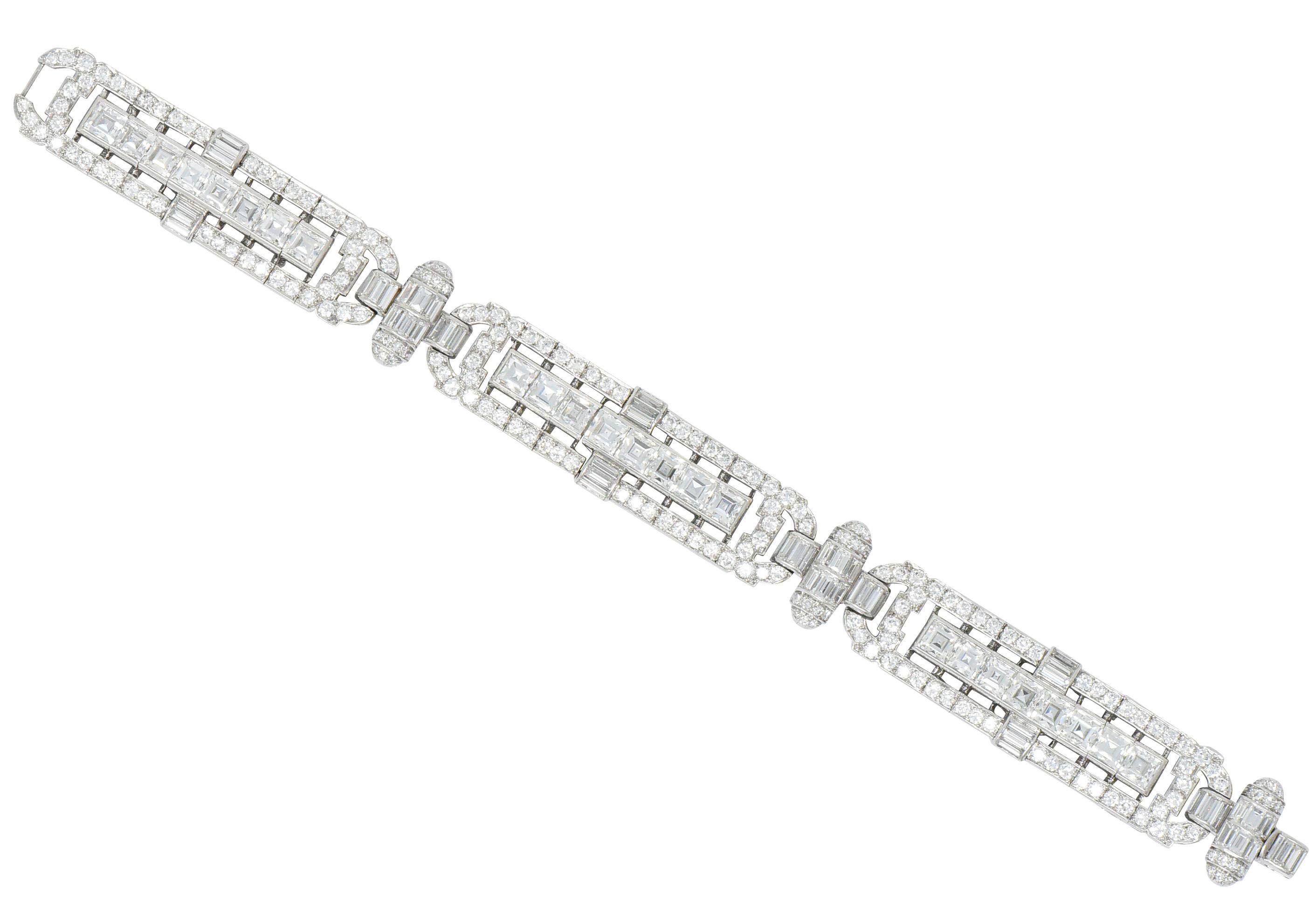 Featuring 3 sections each centering channel set asscher cut diamonds

24 diamonds weighing approximately 0.50 carat each and 12.00 carats total

Accented by round brilliant cut diamonds and channel set straight baguette cut diamonds weighing