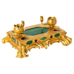 Antique Exquisite Rococo Gilt-Bronze Malachite Encrier Inkwell Desk Set ca. 1880