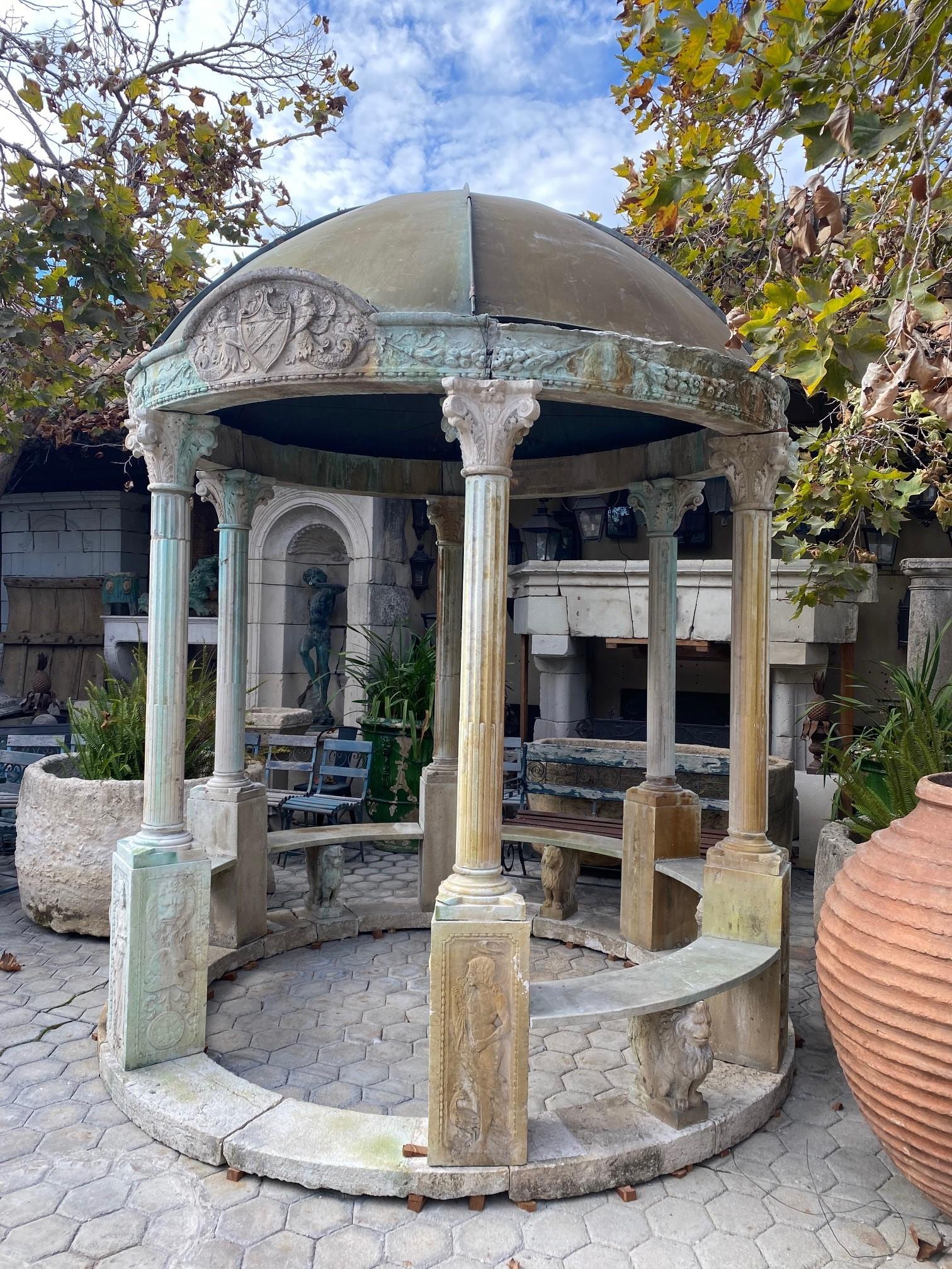 Exquisite Rotunda Structure Kiosk Copper & Carved Stone Bench Seating Columns For Sale 4