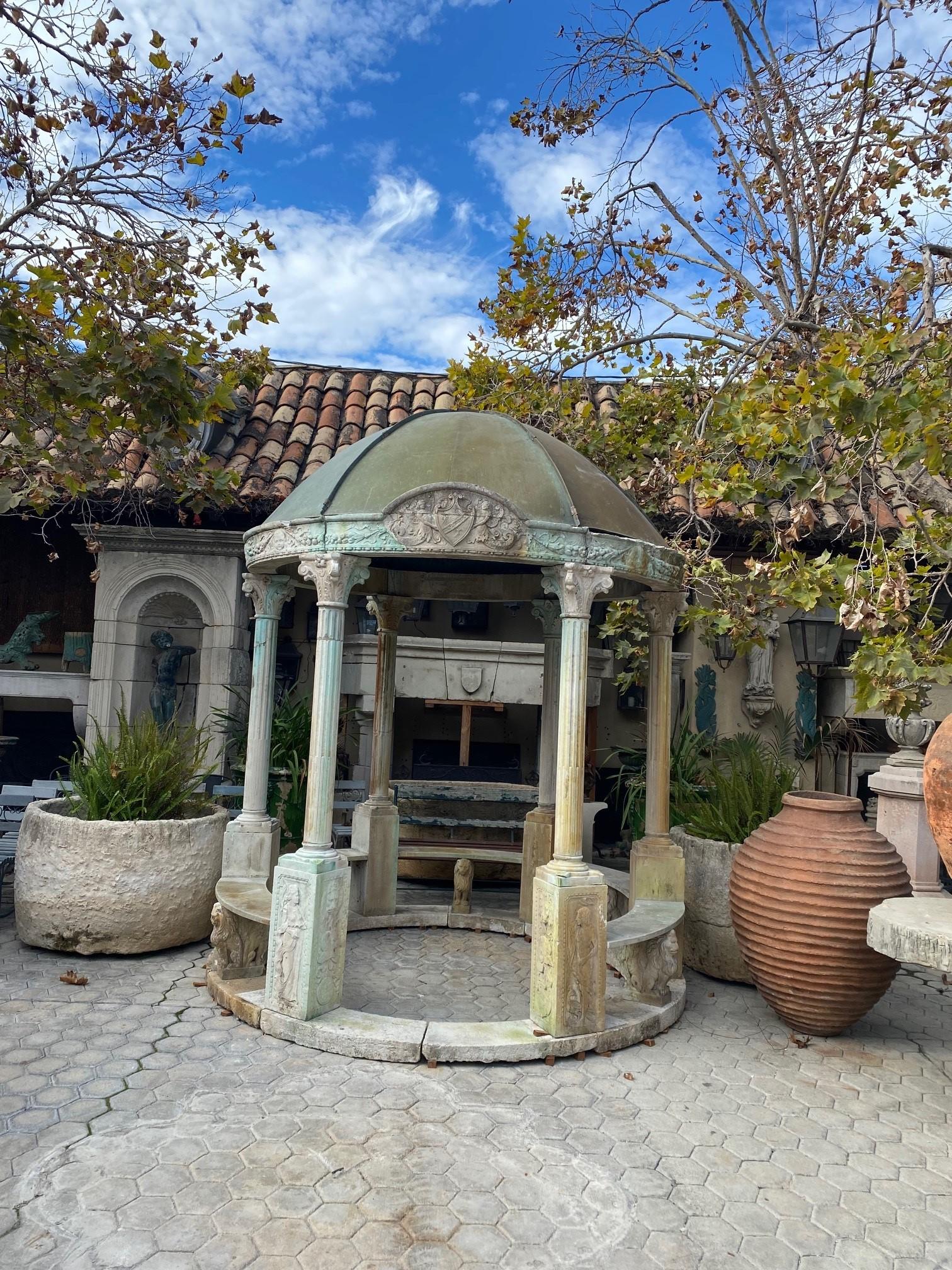 Exquisite Rotunda Structure Kiosk Copper & Carved Stone Bench Seating Columns . Monumental Exquisite refined work King Charles X Period Rotunda rotundus building structure with a circular ground plan covered by a large copper dome. Grand Estate