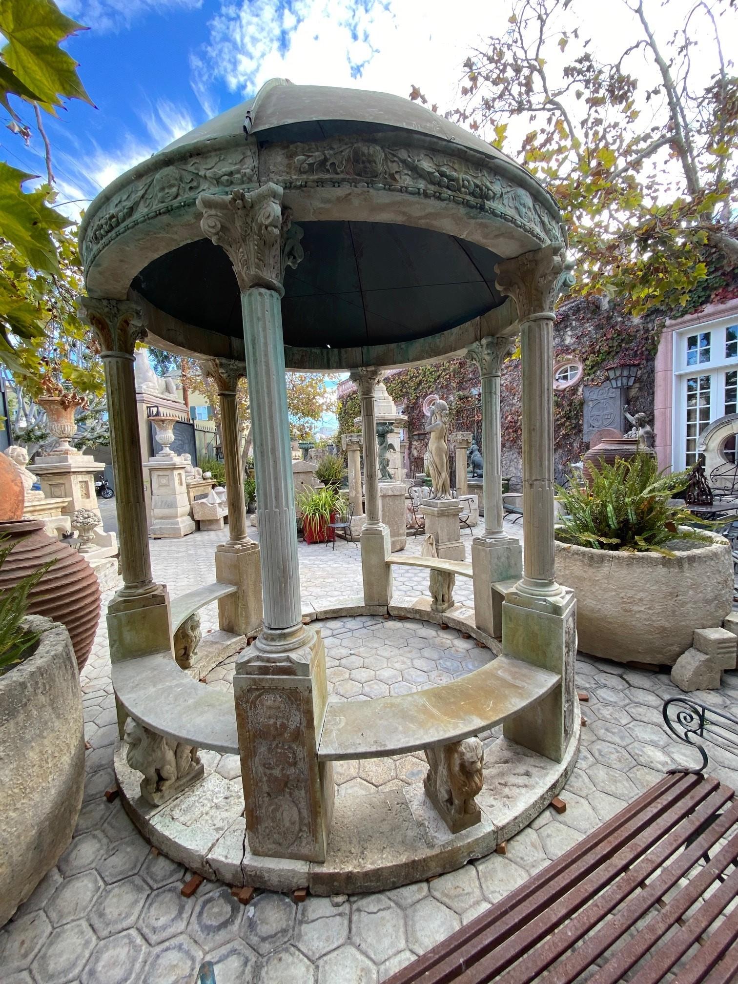 Exquisite Rotunda Structure Kiosk Copper & Carved Stone Bench Seating Columns In Good Condition For Sale In West Hollywood, CA