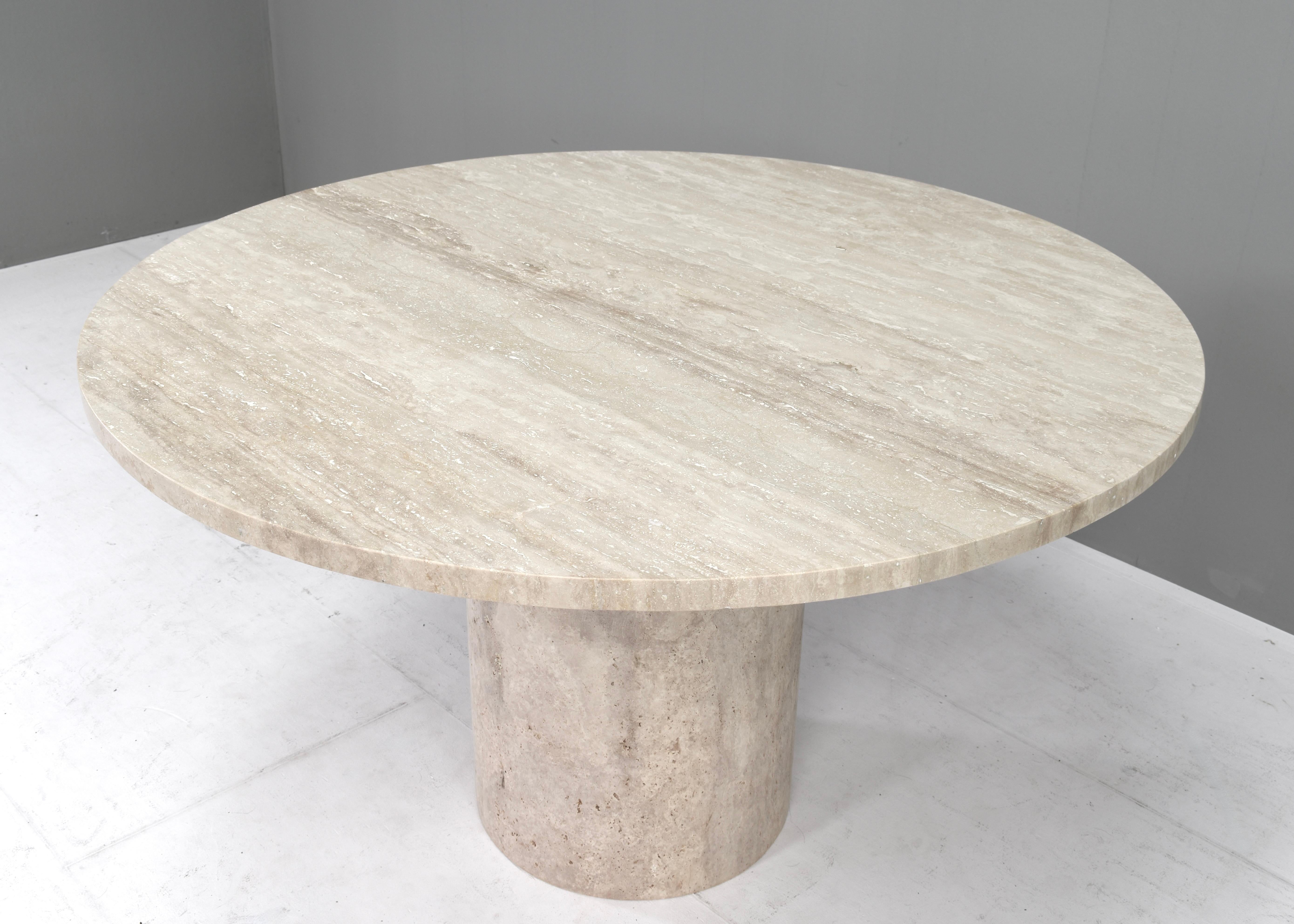 Contemporary Exquisite Round Travertine Dining Table in the manor of Up& Up / Kelly Wearstler For Sale