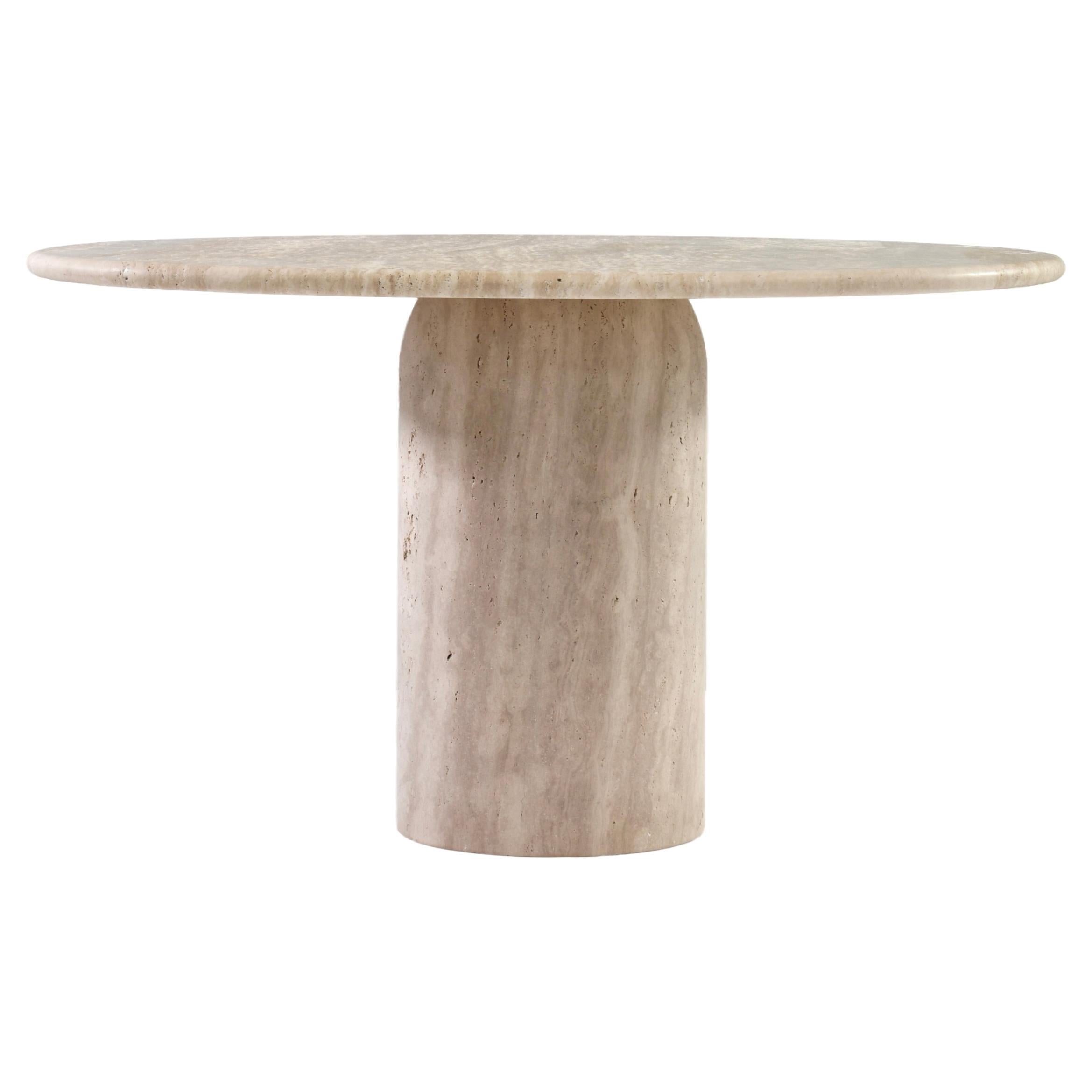 Exquisite Round Travertine Dining Table in the manor of Up& Up / Kelly Wearstler