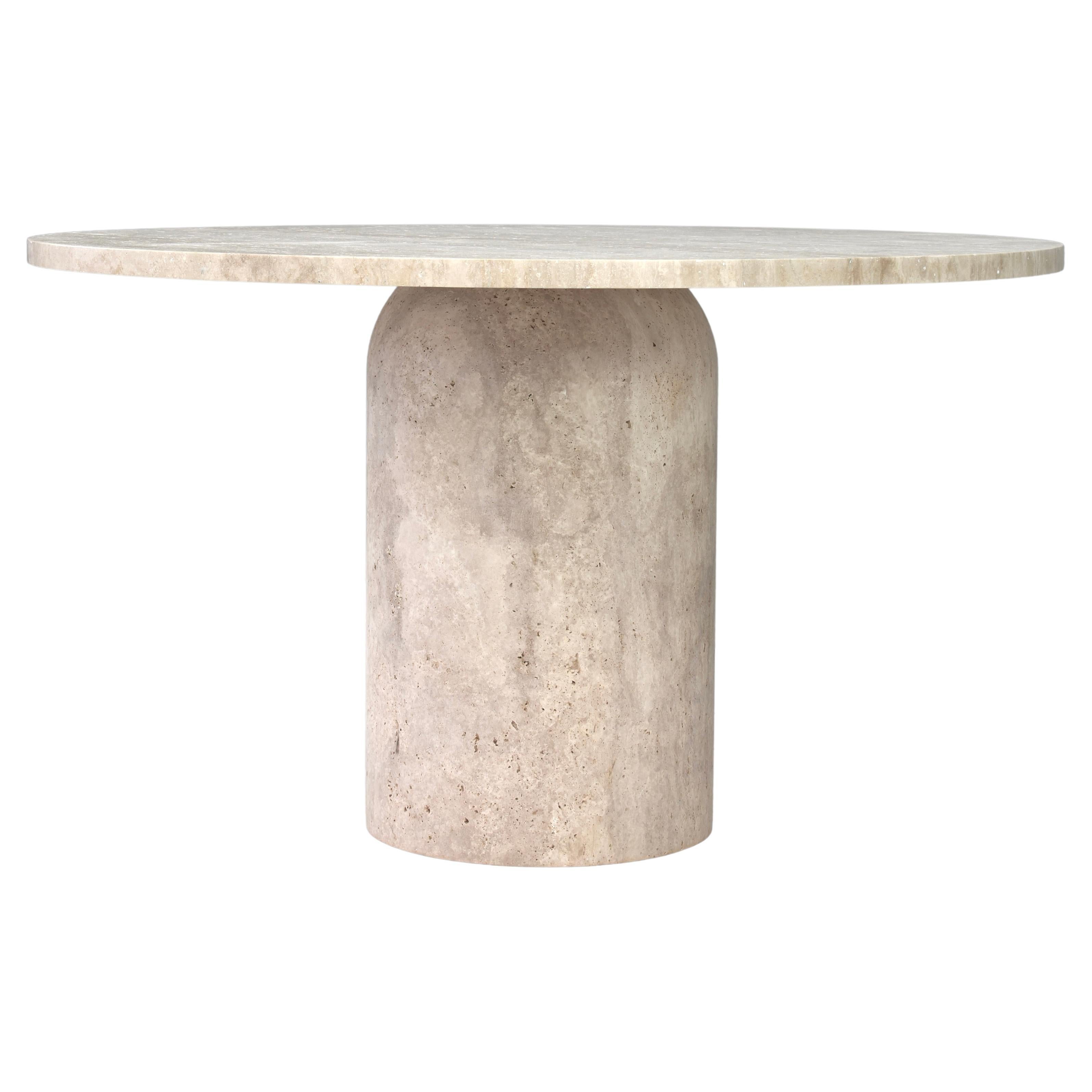 Exquisite Round Travertine Dining Table in the manor of Up& Up / Kelly Wearstler