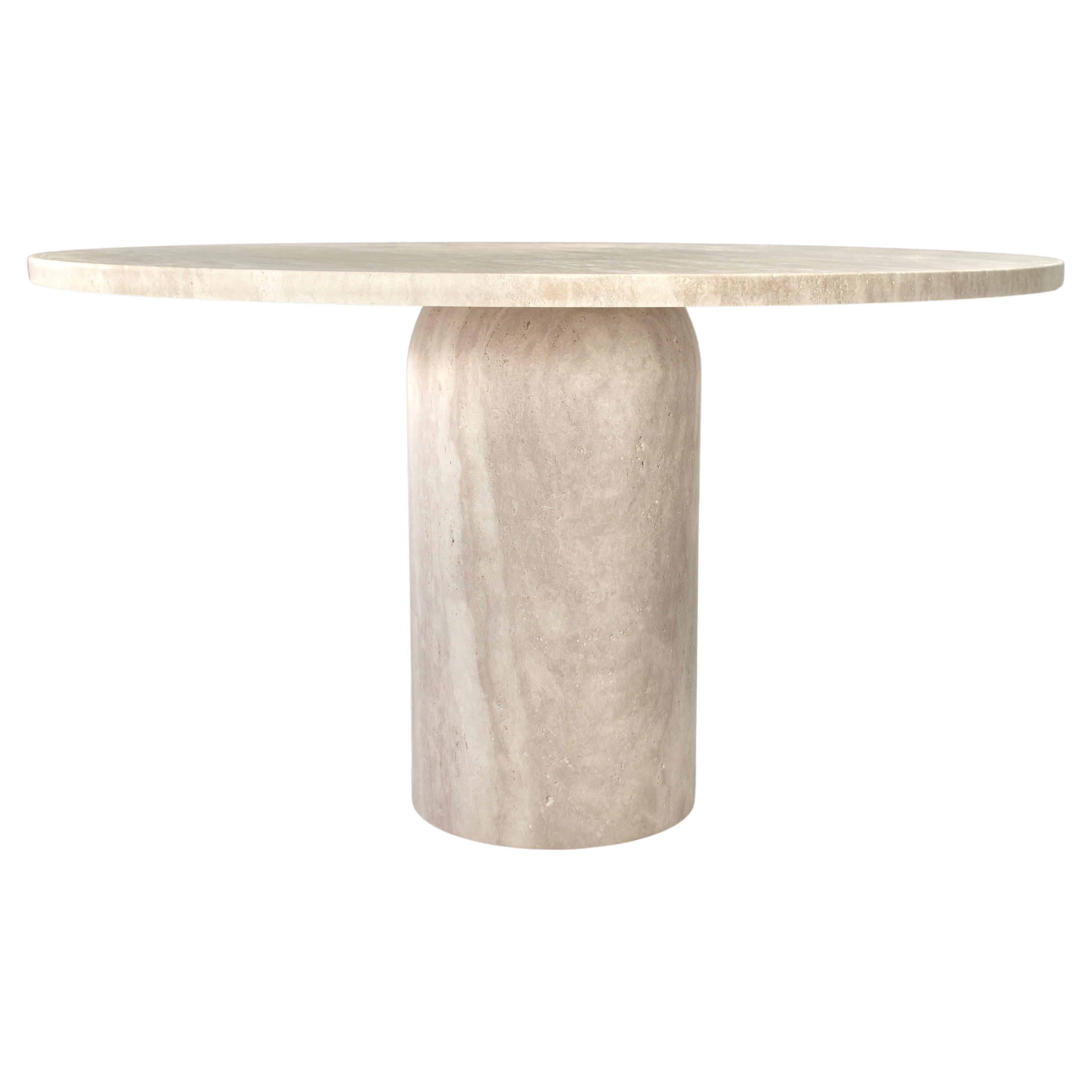 Exquisite Round Travertine Dining Table in the manor of Up& Up / Kelly Wearstler For Sale