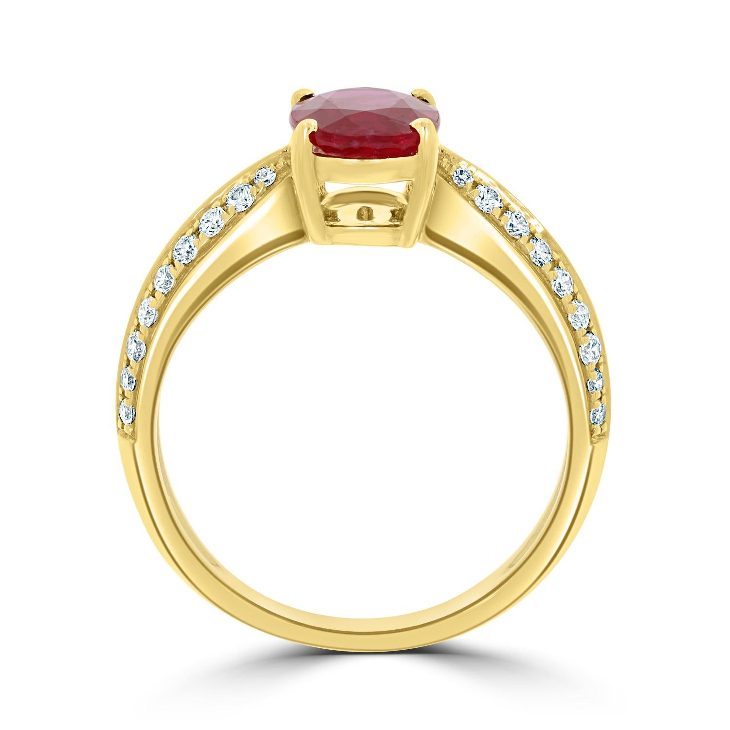 Introducing our Exquisite Ruby and Diamond Ring, a true masterpiece of elegance and luxury. This ring features a breathtaking 1.57-carat oval-cut ruby, radiating a deep, passionate red that captures the essence of love and vitality. The ruby is
