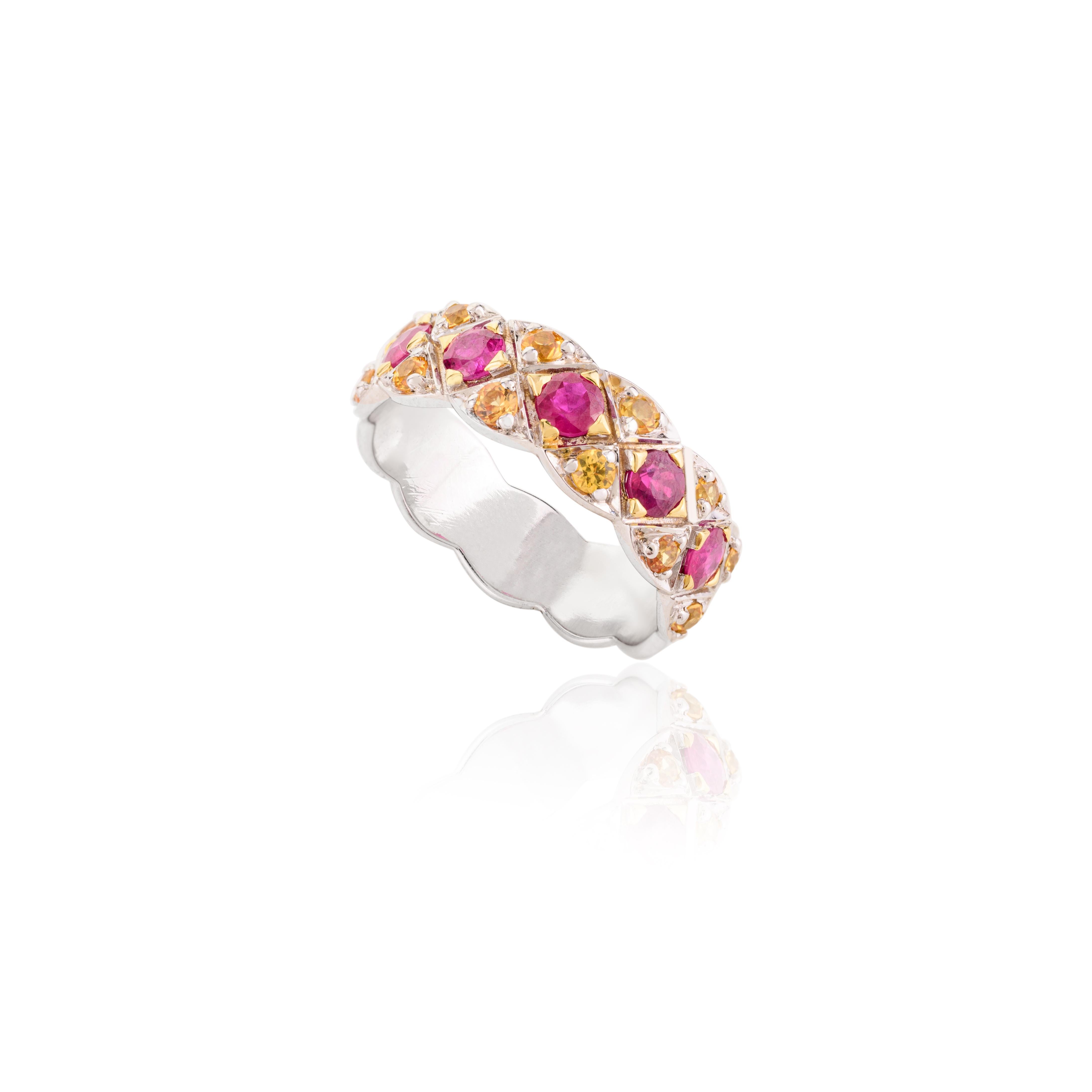 En venta: Exquisita Alianza de Rubí y Zafiro Amarillo para Mujer en Oro Blanco de 14k  3