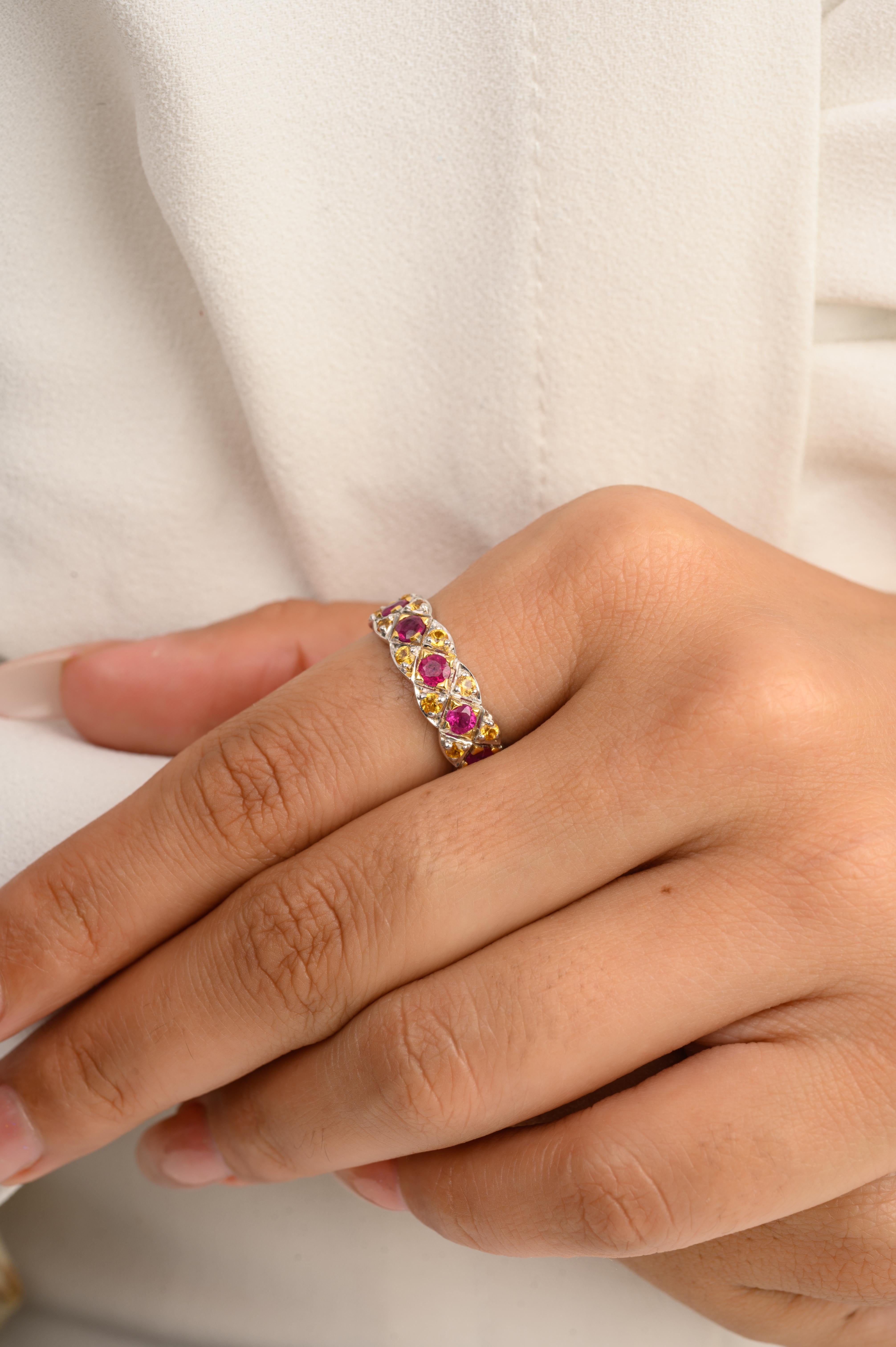 En venta: Exquisita Alianza de Rubí y Zafiro Amarillo para Mujer en Oro Blanco de 14k  4
