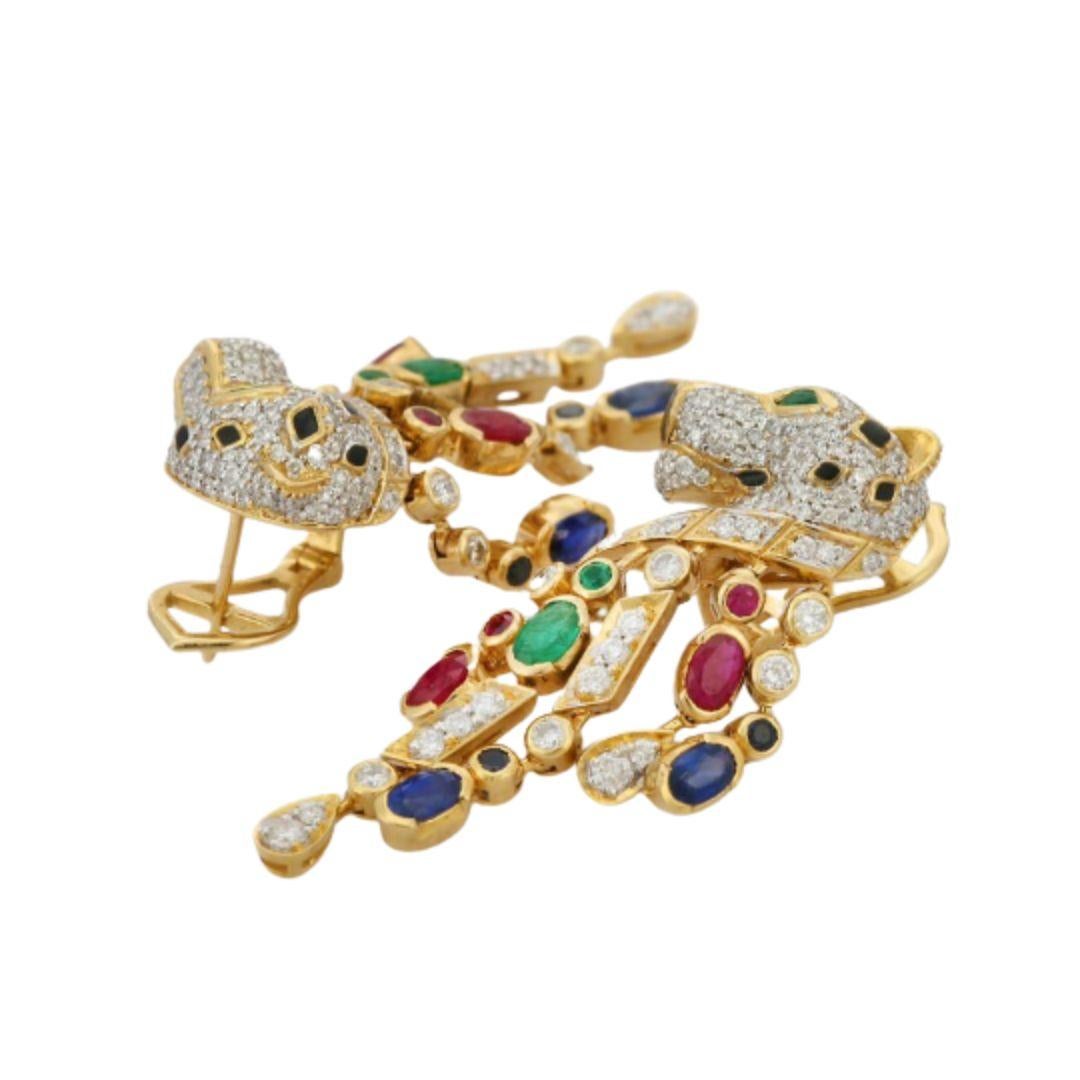 Art Deco Exquisite Ruby, Emerald, Sapphire and Diamond Panther Earring in 14K Yellow Gold