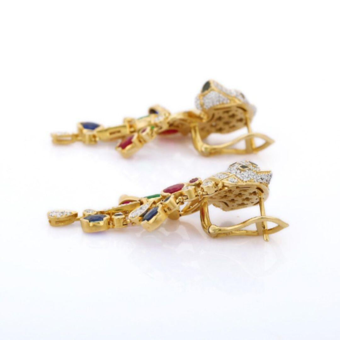 Emerald Cut Exquisite Ruby, Emerald, Sapphire and Diamond Panther Earring in 14K Yellow Gold