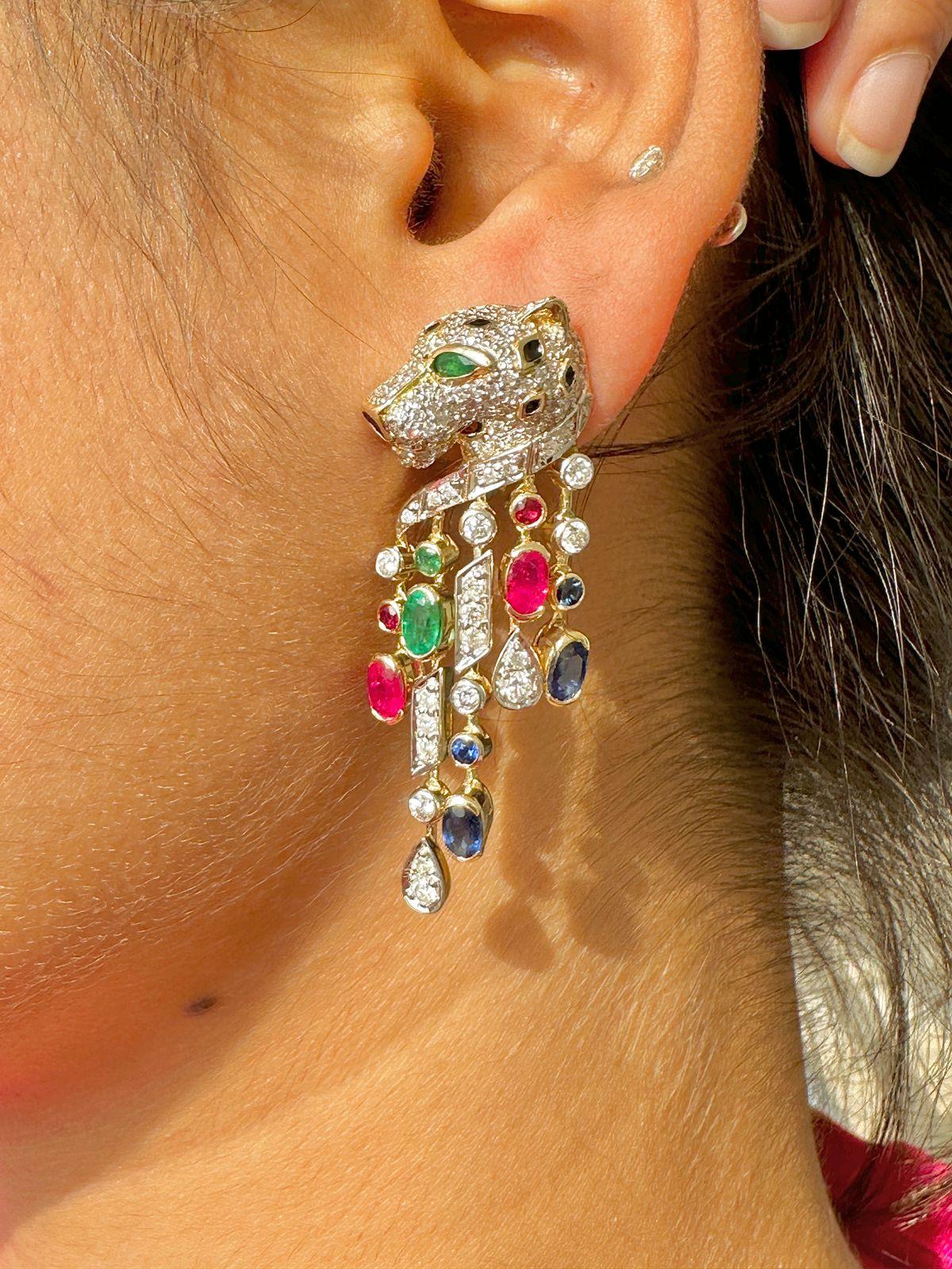 Exquisite Ruby, Emerald, Sapphire and Diamond Panther Earring in 14K Yellow Gold For Sale 2