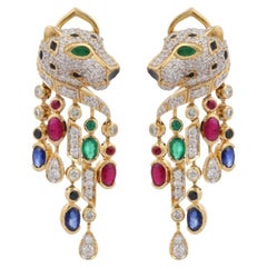 Exquisite Ruby, Emerald, Sapphire and Diamond Panther Earring in 14K Yellow Gold