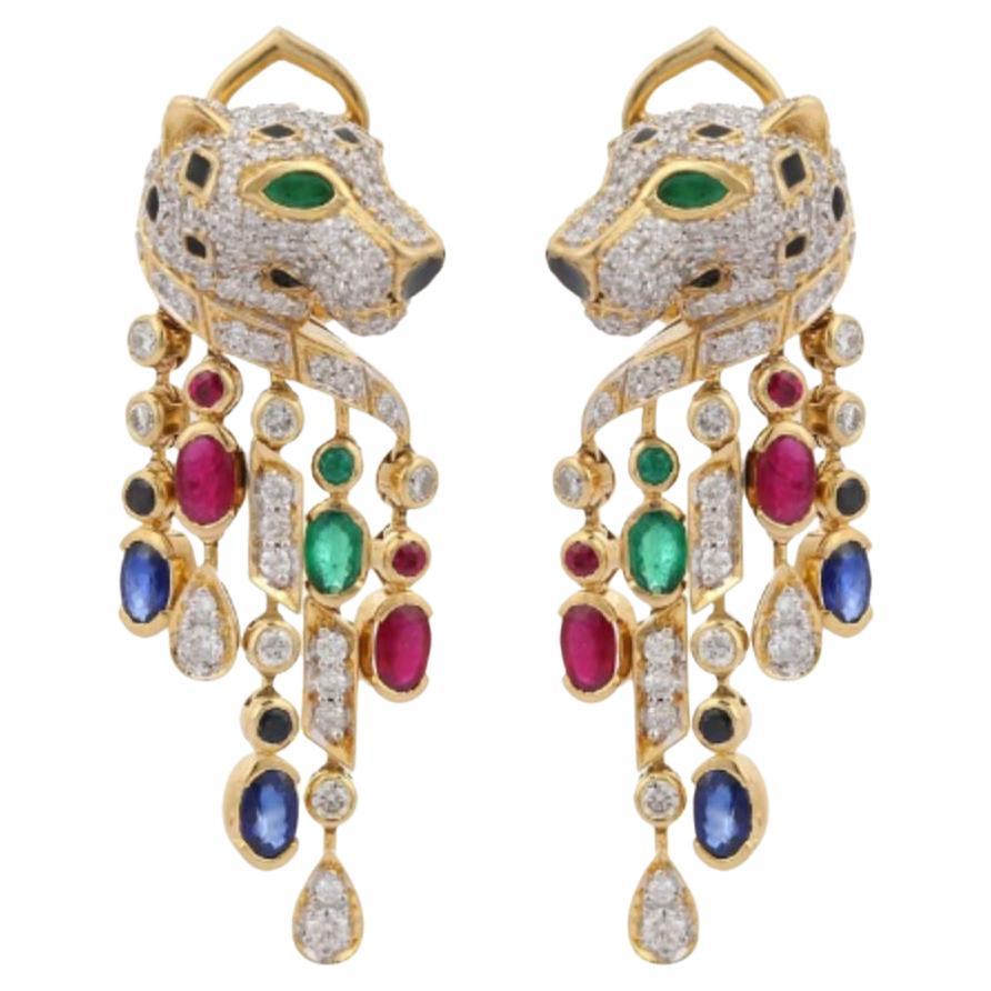 Exquisite Ruby, Emerald, Sapphire and Diamond Panther Earring in 14K Yellow Gold For Sale