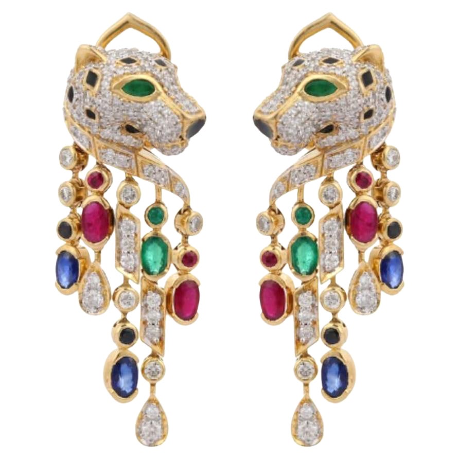 Exquisite Ruby, Emerald, Sapphire and Diamond Panther Earring in 14K Yellow Gold