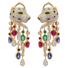 Exquisite Ruby, Emerald, Sapphire and Diamond Panther Earring in 14K Yellow Gold