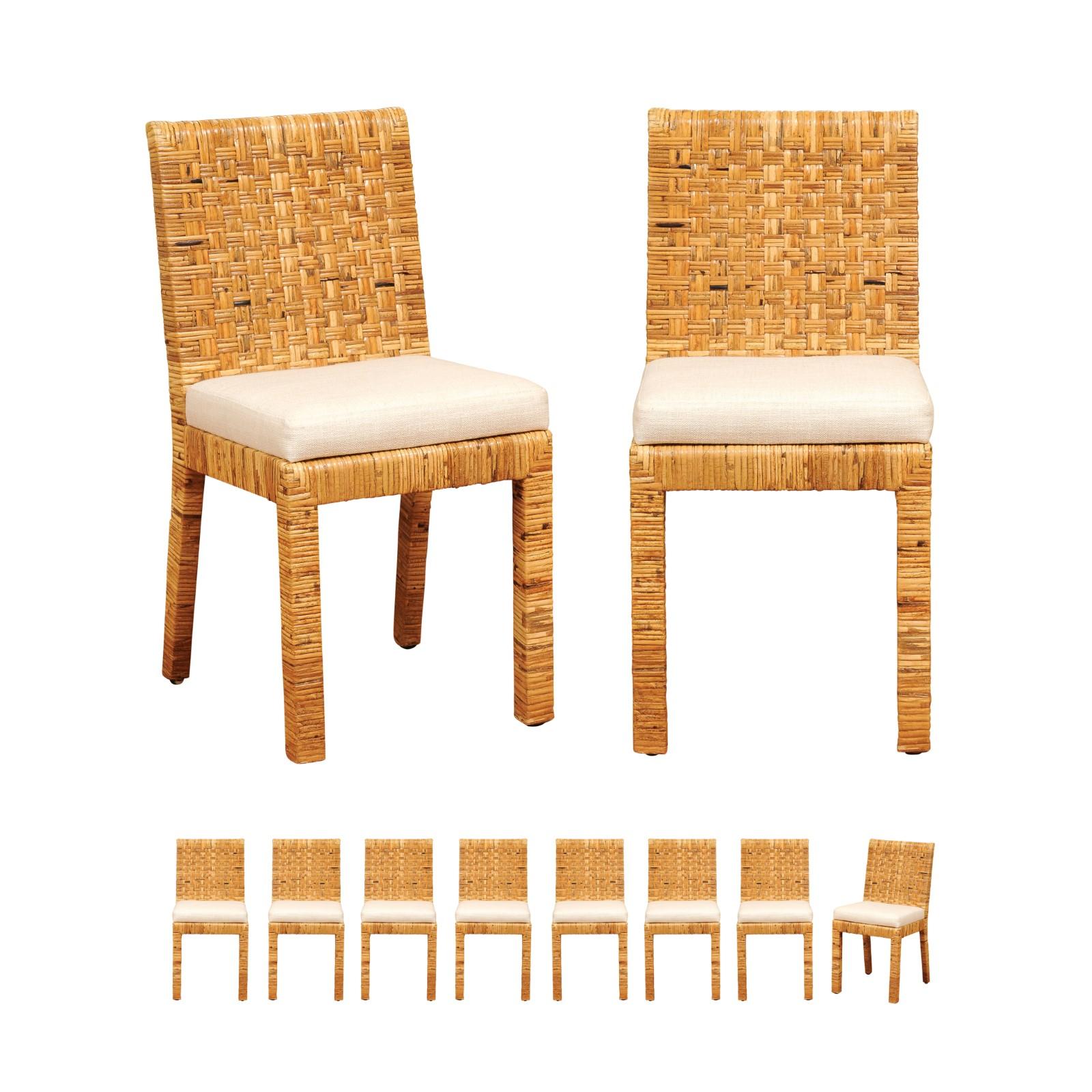 Squisito set di 10 sedie da pranzo in canna intrecciata di Danny Ho Fong, 1975 ca. in vendita 12