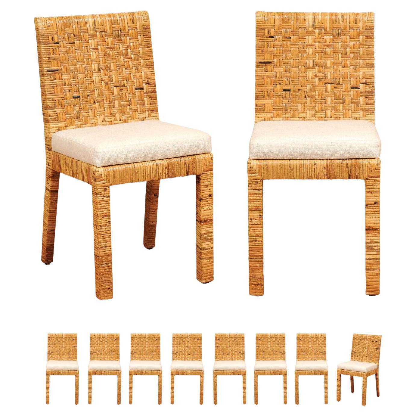 Squisito set di 10 sedie da pranzo in canna intrecciata di Danny Ho Fong, 1975 ca.
