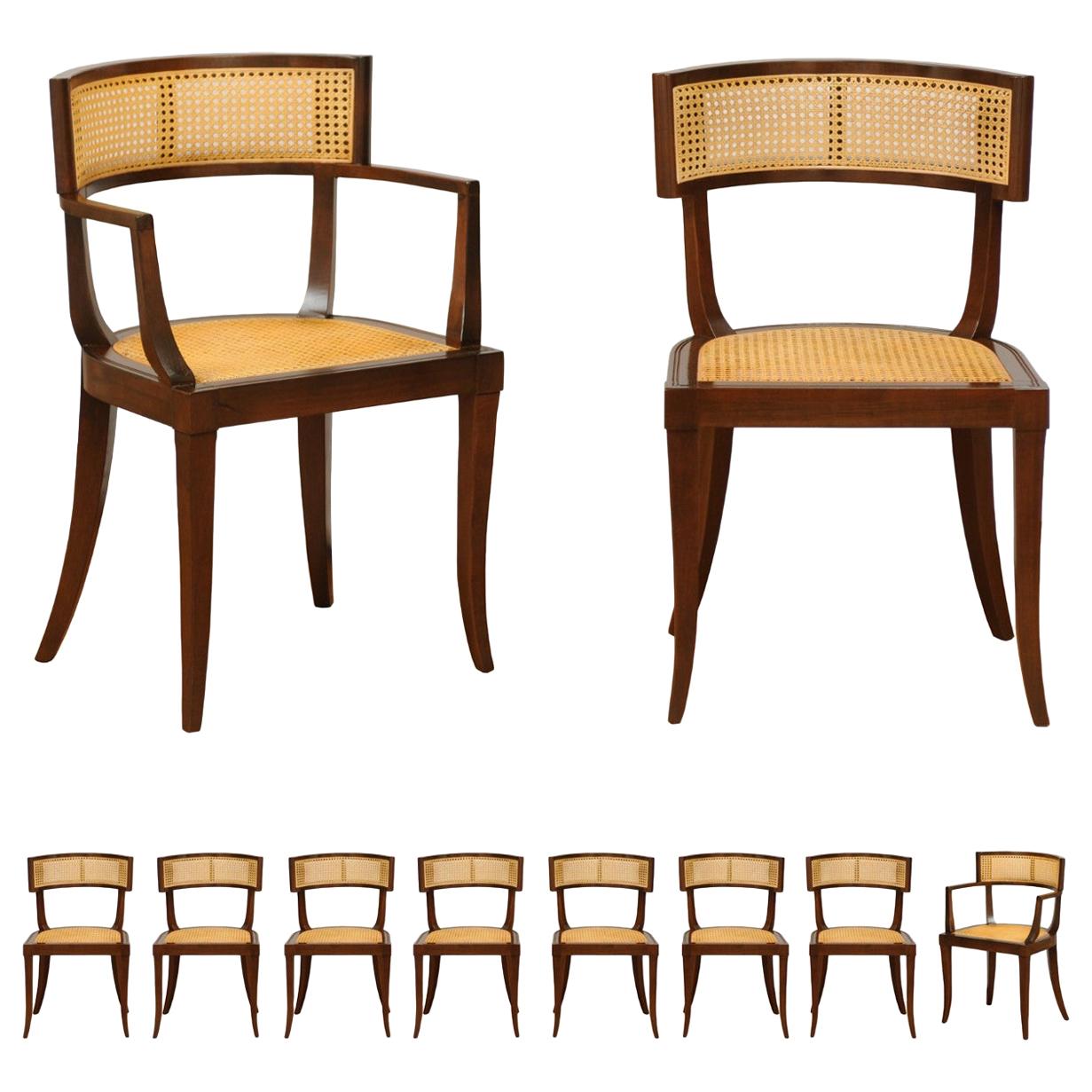 Exquisite Set of 10 Klismos Cane Dining Chairs by Baker, circa 1958, Cane Seats