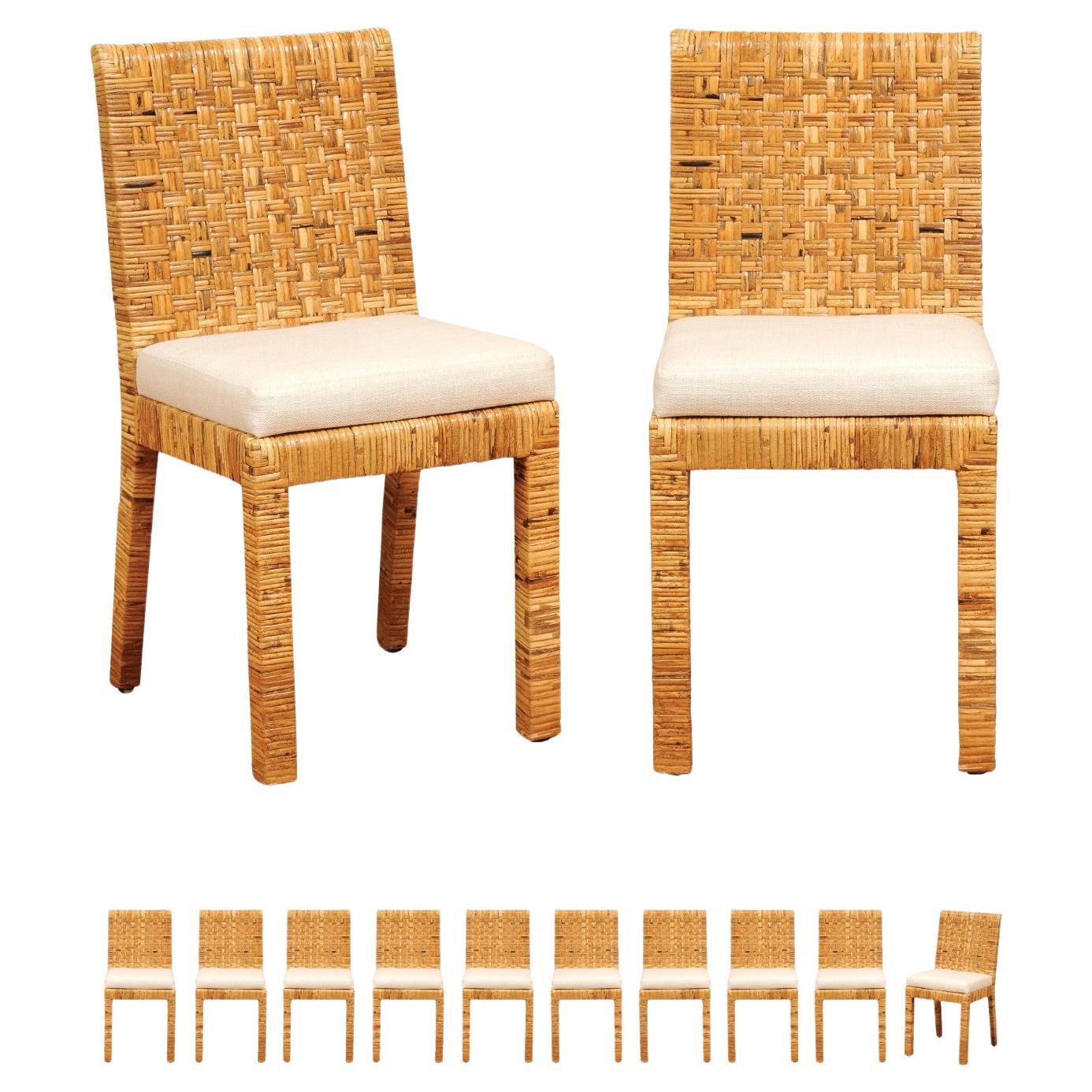 Squisito set di 12 sedie da pranzo in canna intrecciata di Danny Ho Fong, 1975 ca.