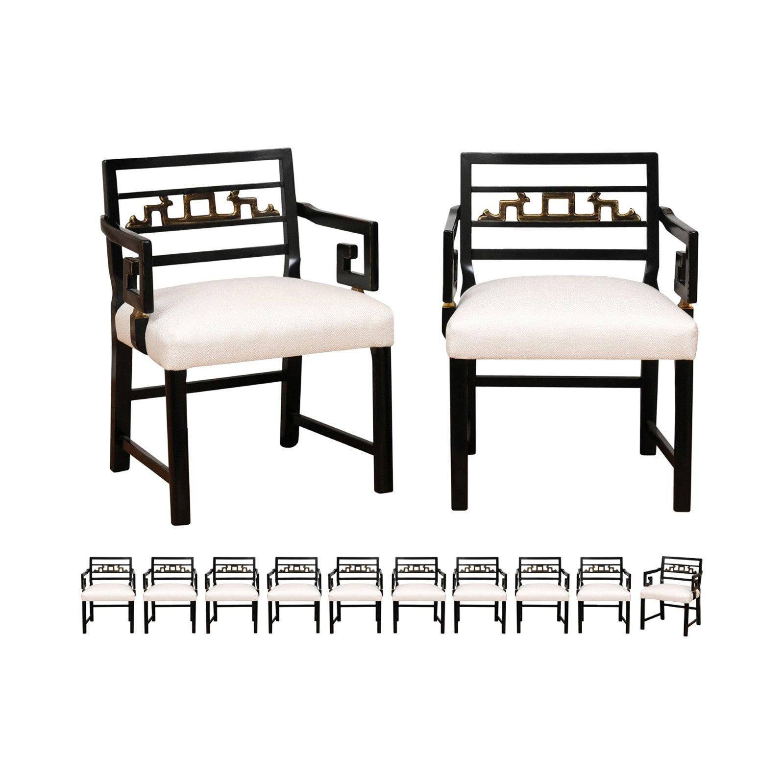 Exquisite Set of 12 Chinoiserie Greek Key Armchairs by Baker, circa 1960 For Sale
