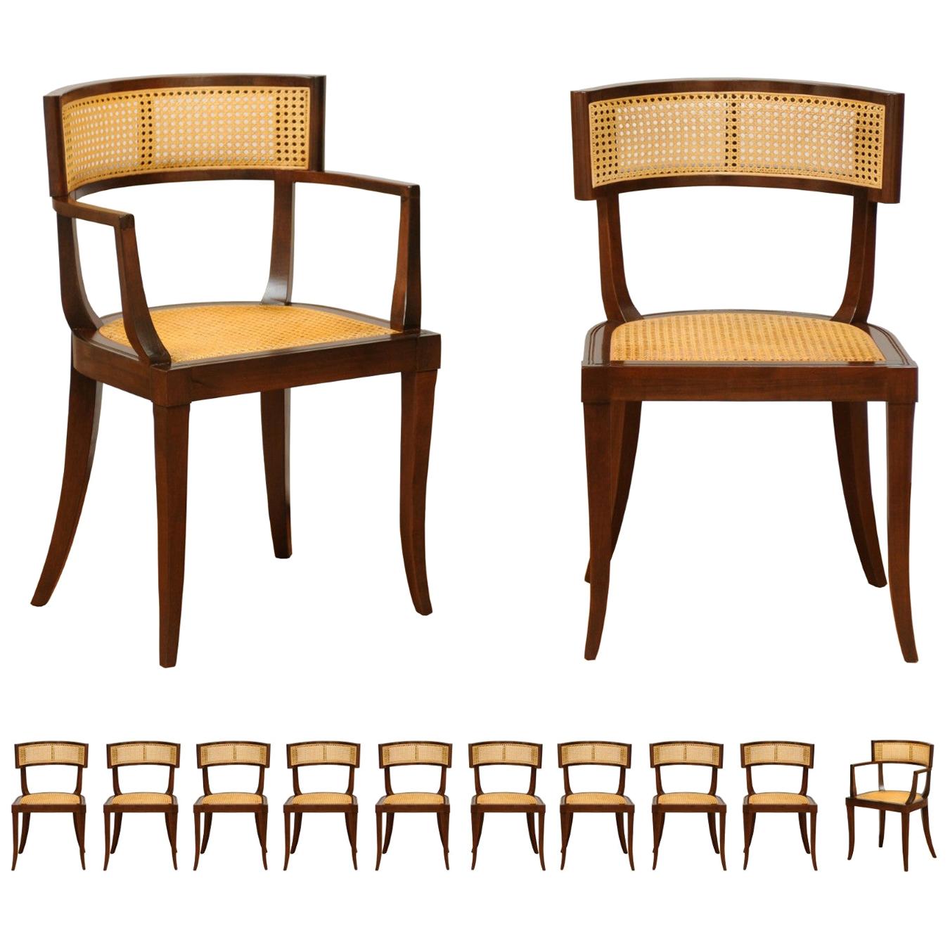 Exquisite Set of 12 Klismos Cane Dining Chairs by Baker, circa 1958, Cane Seats
