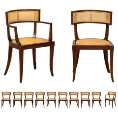 Vintage Exquisite Set of 12 Klismos Cane Dining Chairs by Baker, circa 1958, Cane Seats