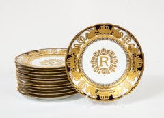Exquisite Set of 12 Sevres Porcelain Royal Dinner Plates with "R" Monogram