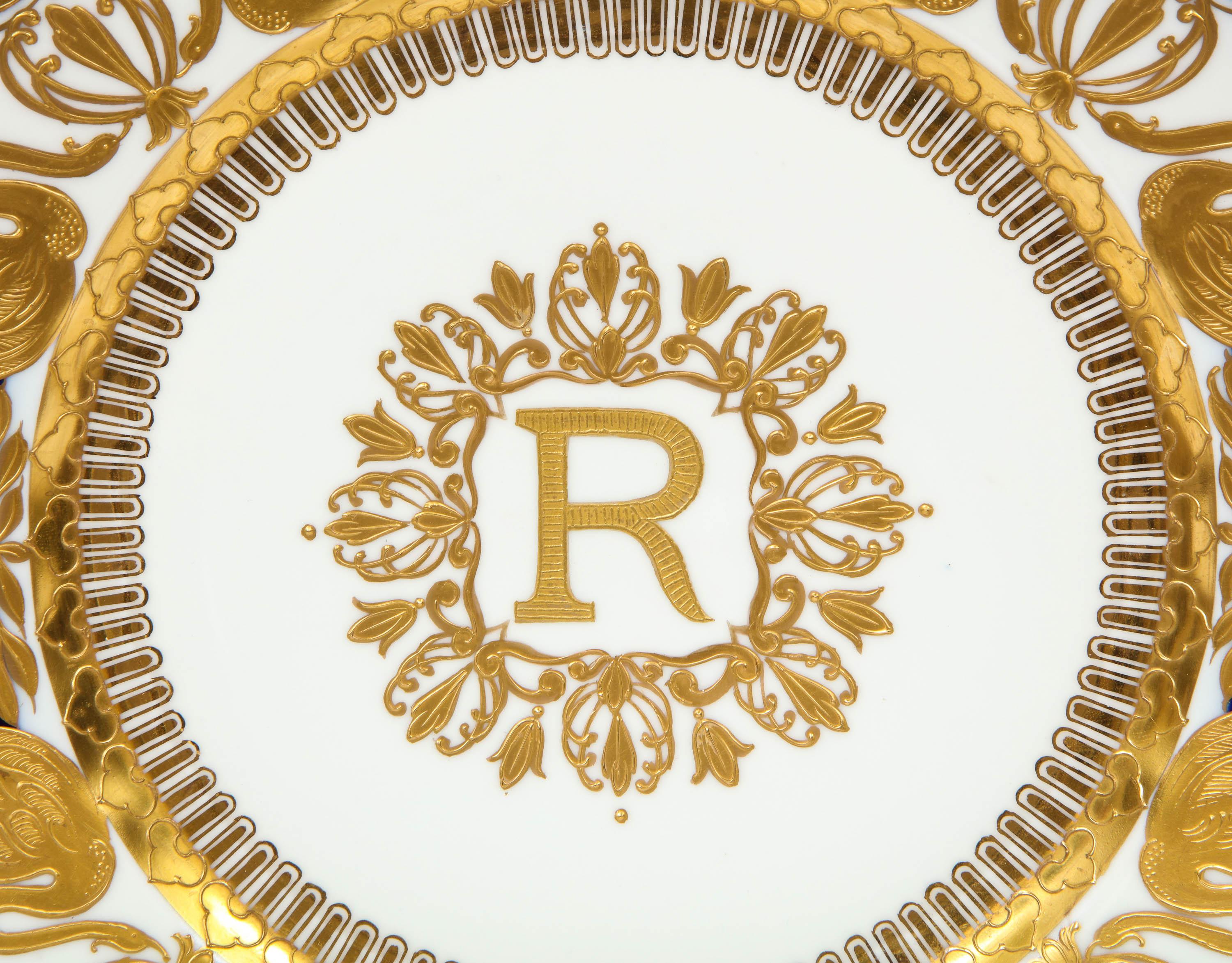 Exquisite Set of 12 Sevres Porcelain Royal Dinner Plates with 