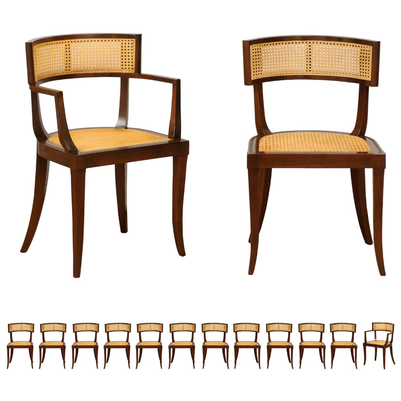 Exquisite Set of 14 Klismos Cane Dining Chairs by Baker, circa 1958, Cane Seats