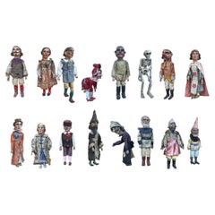 Exquisite Set of 16 Antique Marionette Puppets in Painted Wood and Fabric