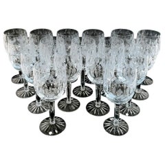 Exquisite Set of 17 Hand-Cut Holly Motif Crystal Glasses - 1960s
