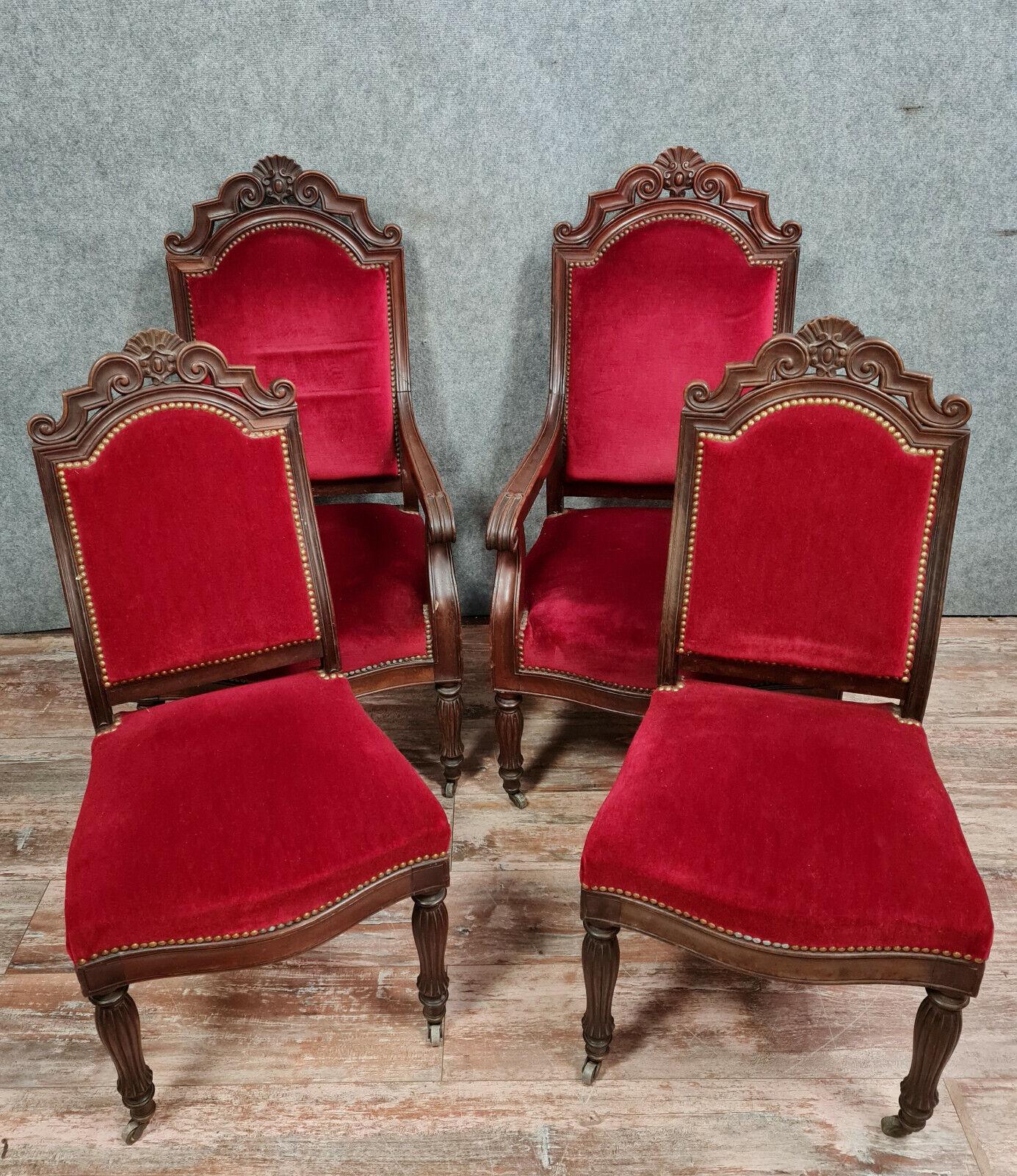 Transport yourself back to the elegance of the Restauration period with this Exquisite Set of 4 Restauration Period Mahogany Chairs, crafted circa 1820. This magnificent ensemble, comprising two armchairs and two side chairs, embodies the refined