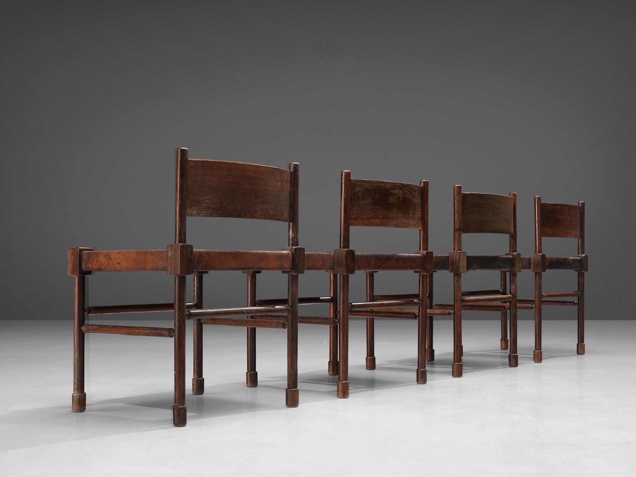 Brazilian Set of Four Side Chairs in Original Patinated Leather and Stained Wood In Good Condition In Waalwijk, NL