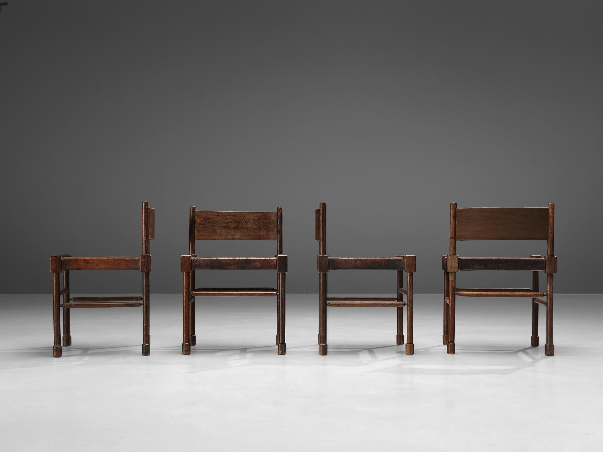 Brazilian Set of Four Side Chairs in Original Patinated Leather and Stained Wood 1