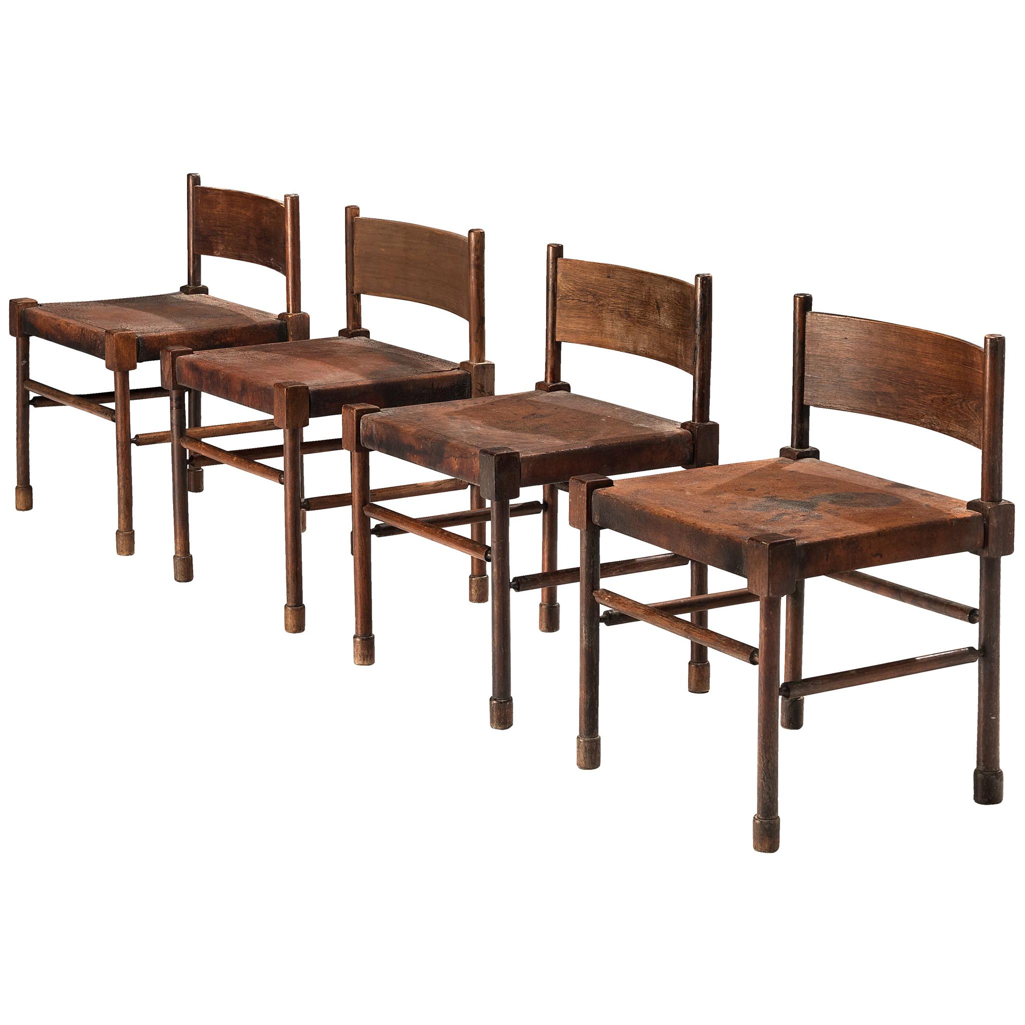 Brazilian Set of Four Side Chairs in Original Patinated Leather and Stained Wood