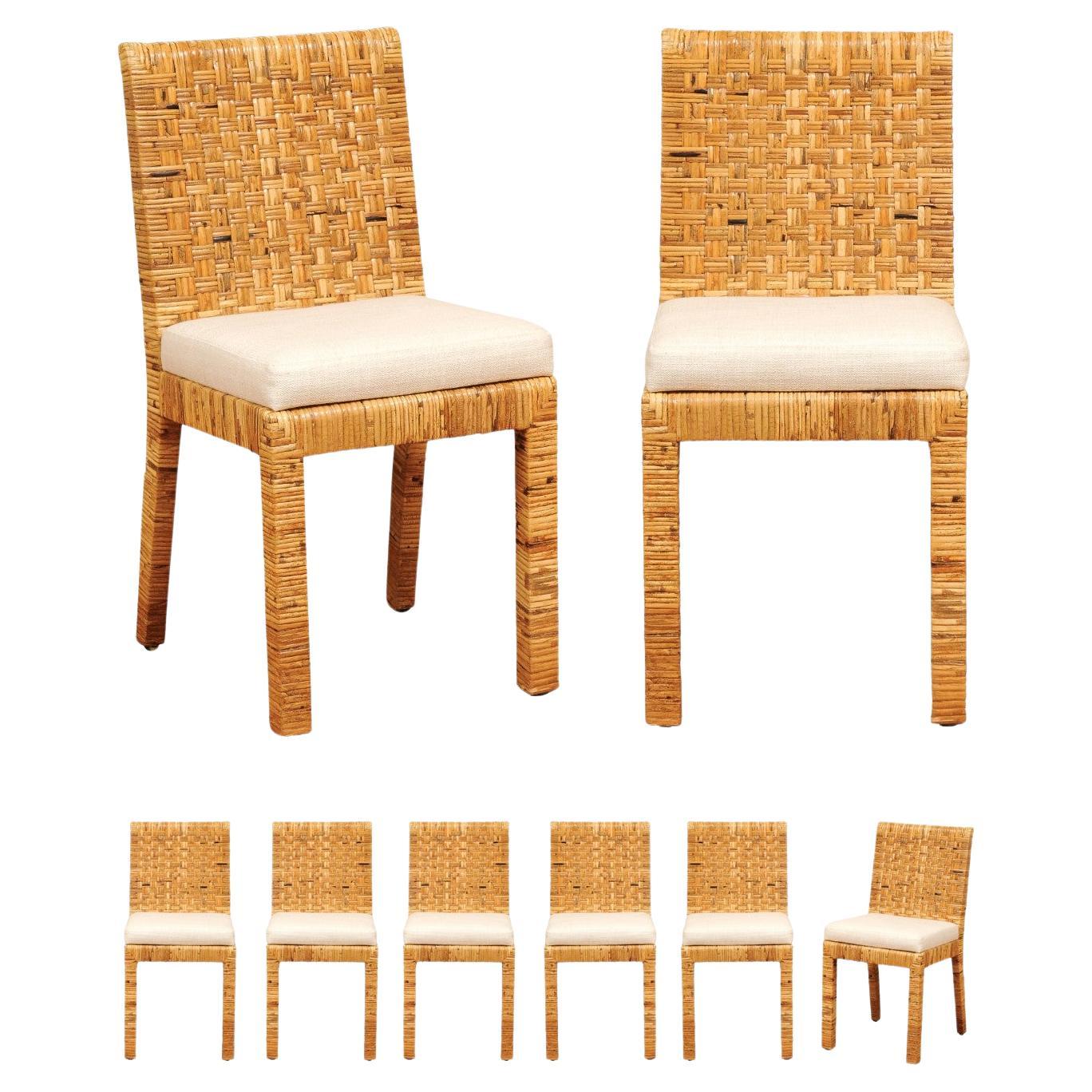 Exquisite Set of 8 Basket-Weave Cane Dining Chairs by Danny Ho Fong, c 1975
